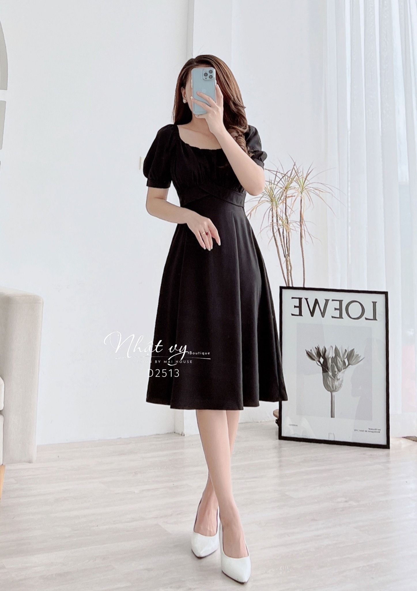 Đầm cổ vuông tay phồng nhún ngực dáng xoè - D2513
