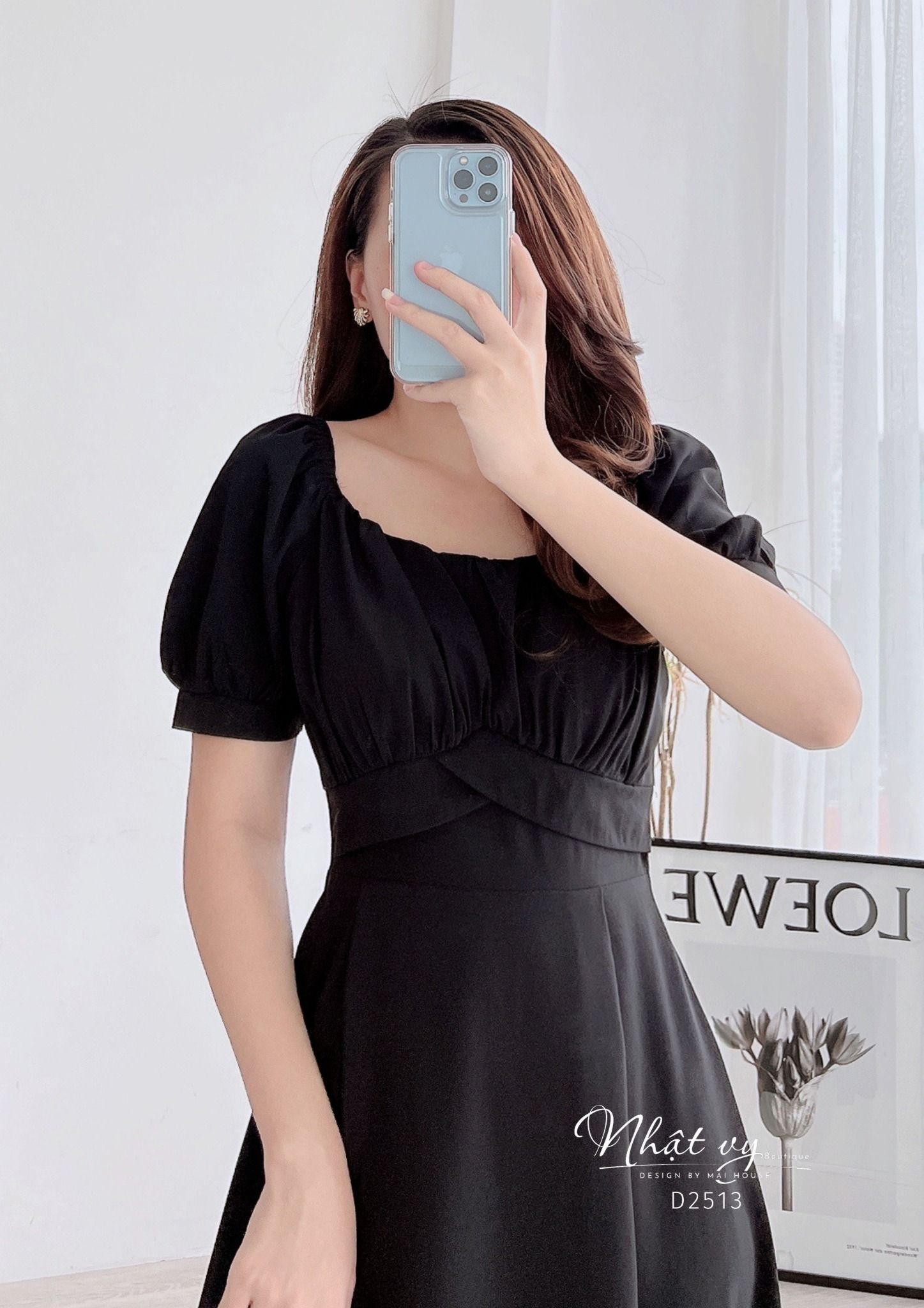 Đầm cổ vuông tay phồng nhún ngực dáng xoè - D2513