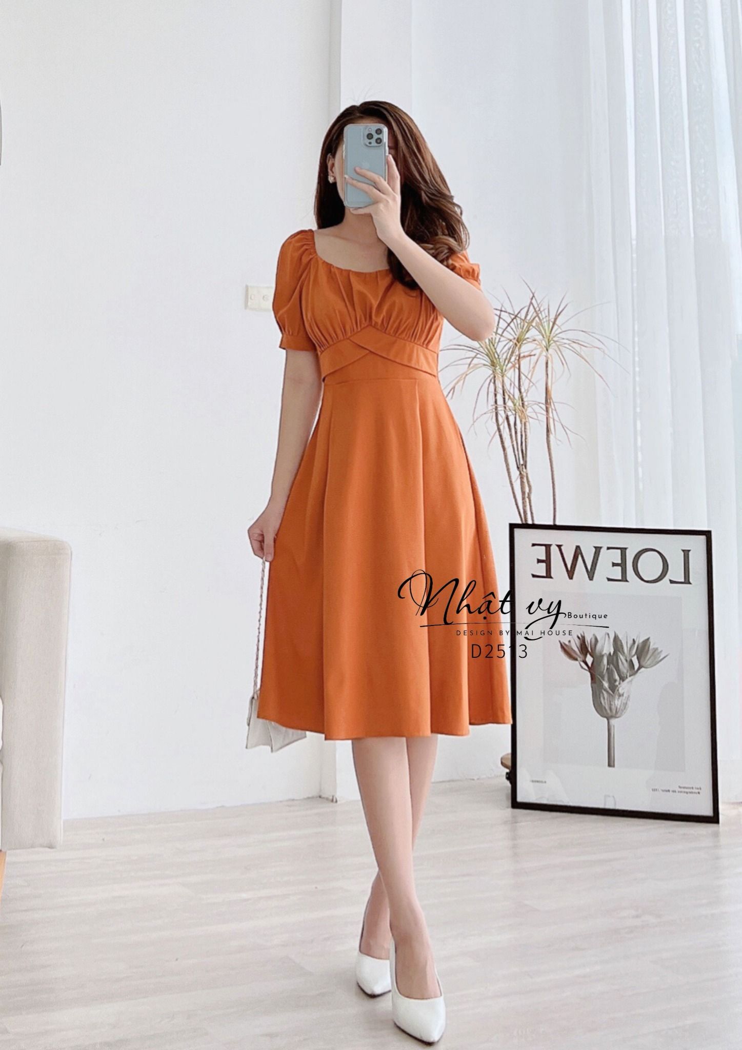 Đầm cổ vuông tay phồng nhún ngực dáng xoè - D2513
