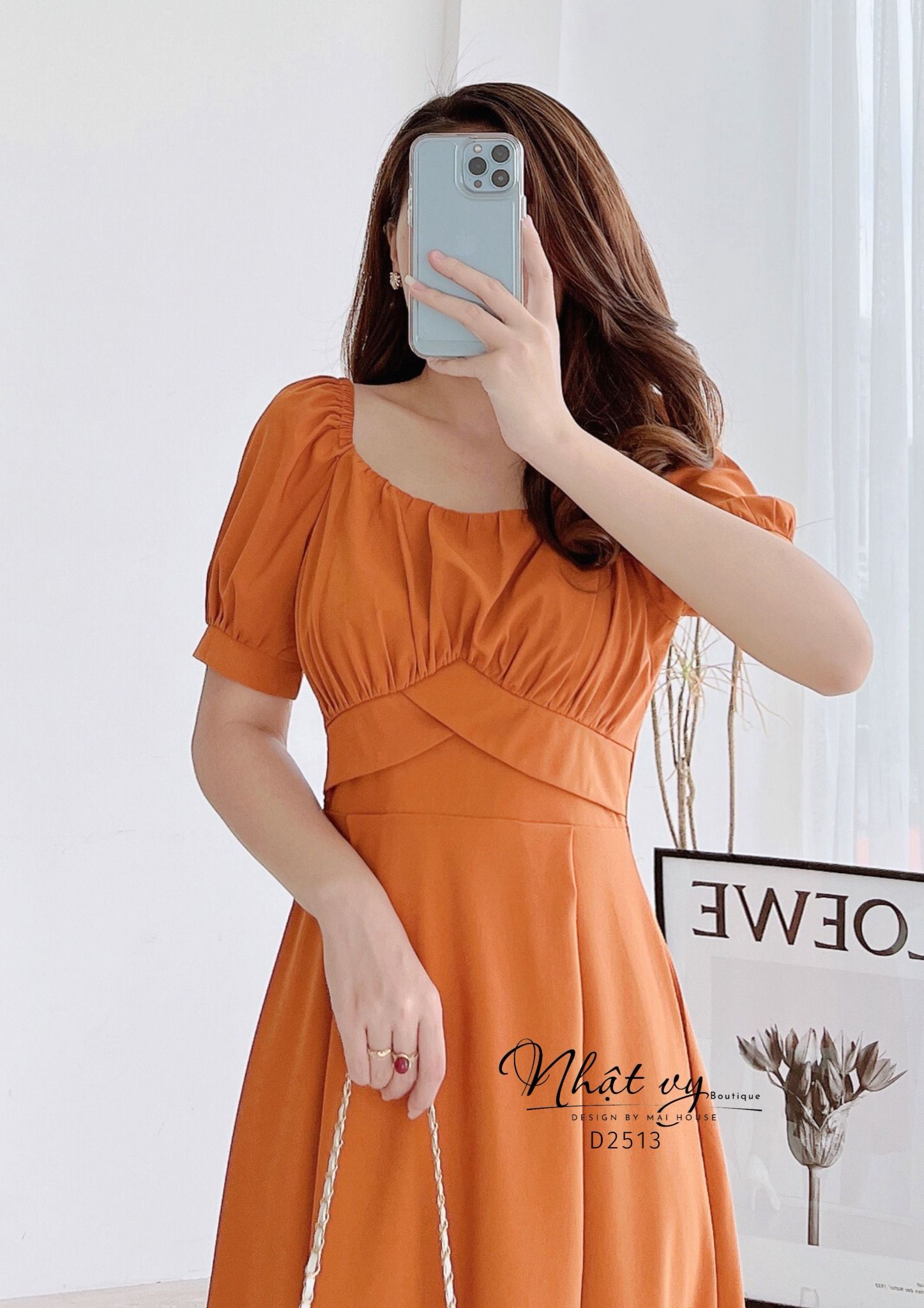 Đầm cổ vuông tay phồng nhún ngực dáng xoè - D2513