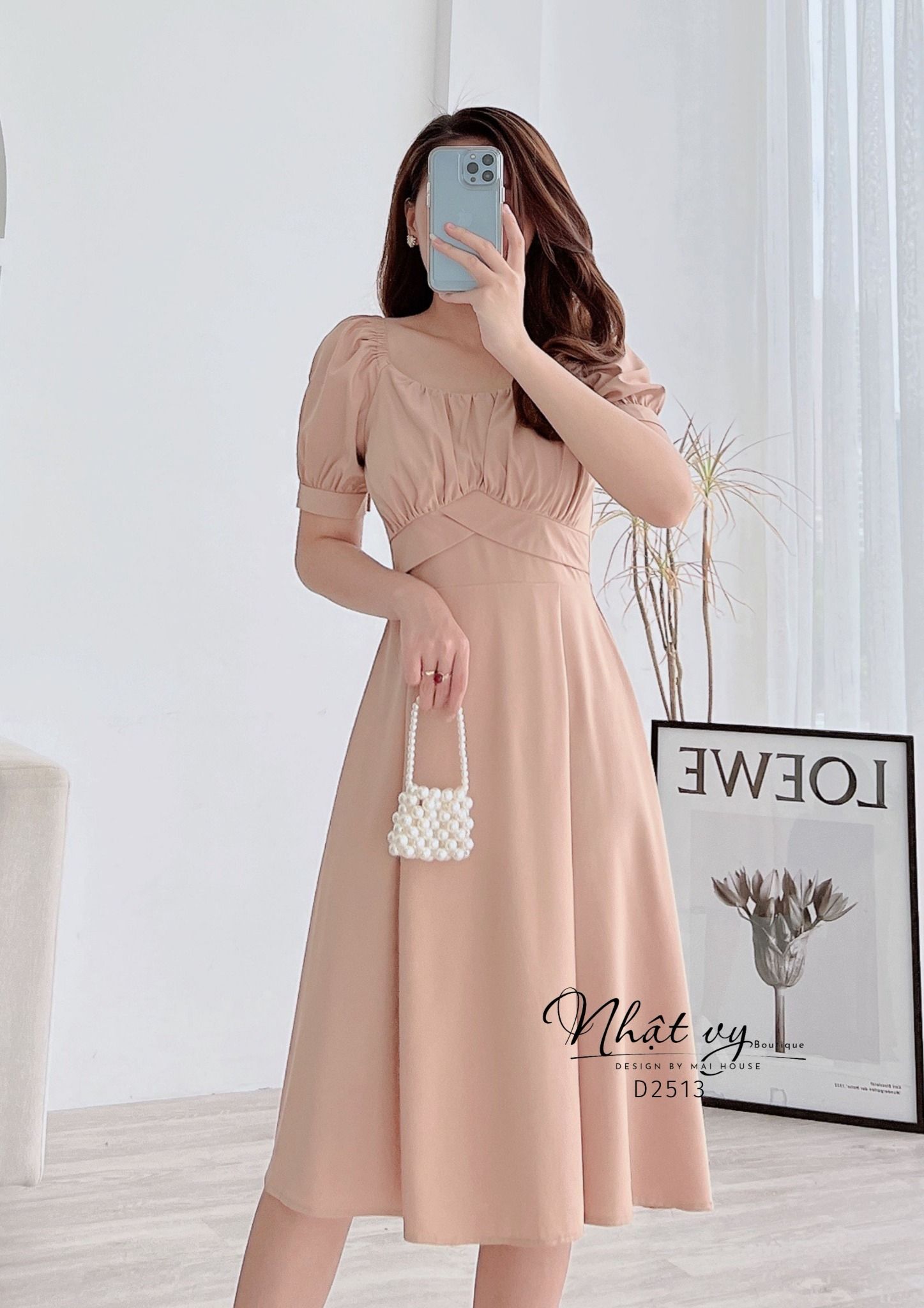 Đầm cổ vuông tay phồng nhún ngực dáng xoè - D2513
