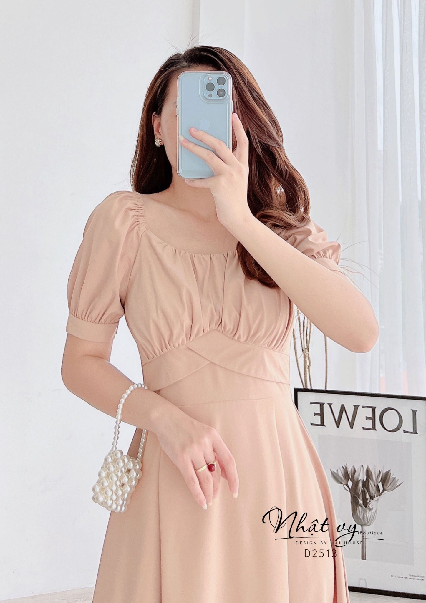 Đầm cổ vuông tay phồng nhún ngực dáng xoè - D2513
