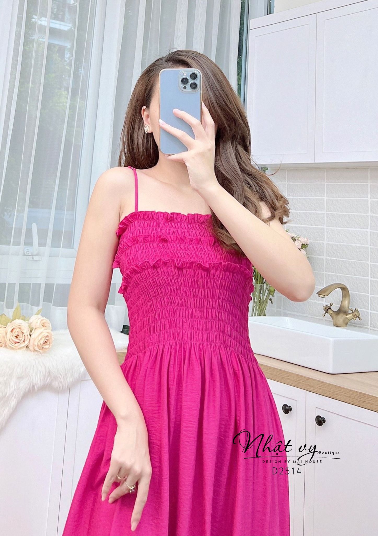 Đầm 2 dây nhún ngực dáng dài - D2514