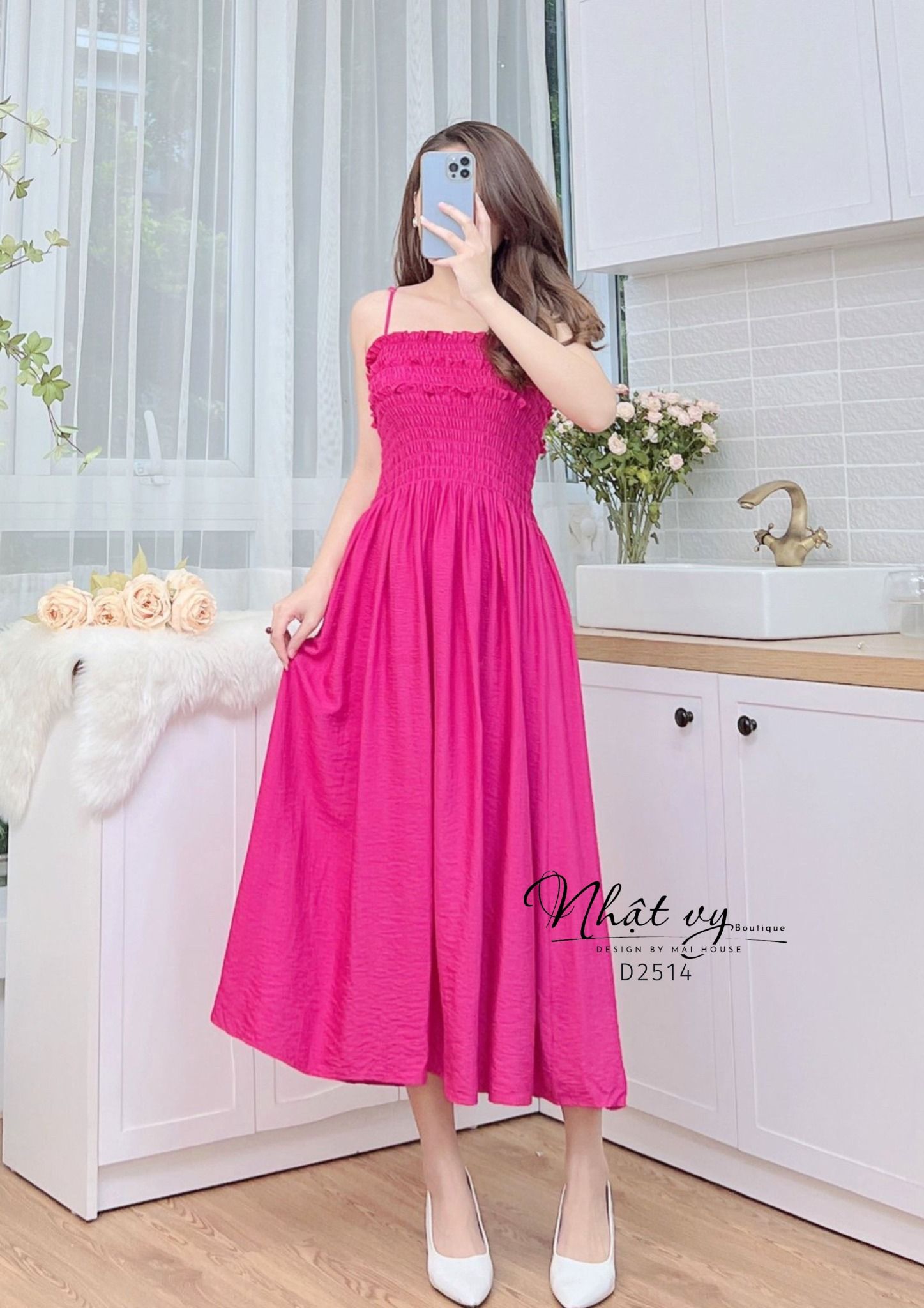 Đầm 2 dây nhún ngực dáng dài - D2514