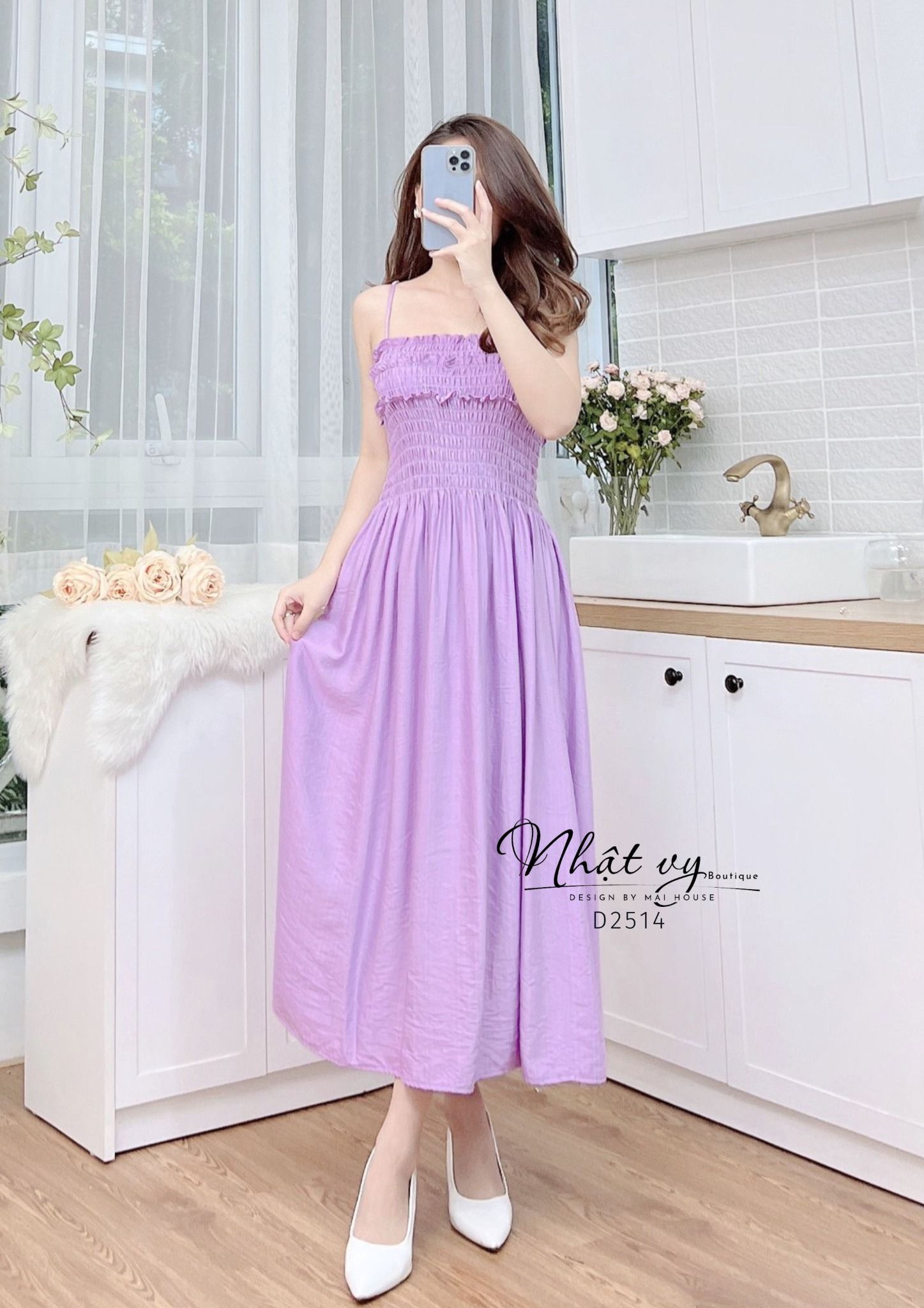 Đầm 2 dây nhún ngực dáng dài - D2514