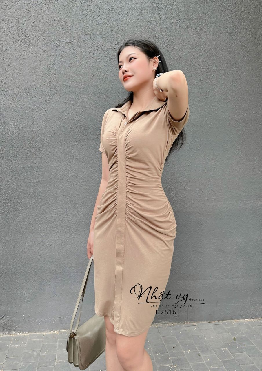 Đầm thun cổ sơ mi nhún cách điệu - D2516