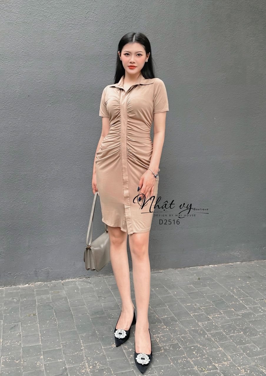 Đầm thun cổ sơ mi nhún cách điệu - D2516