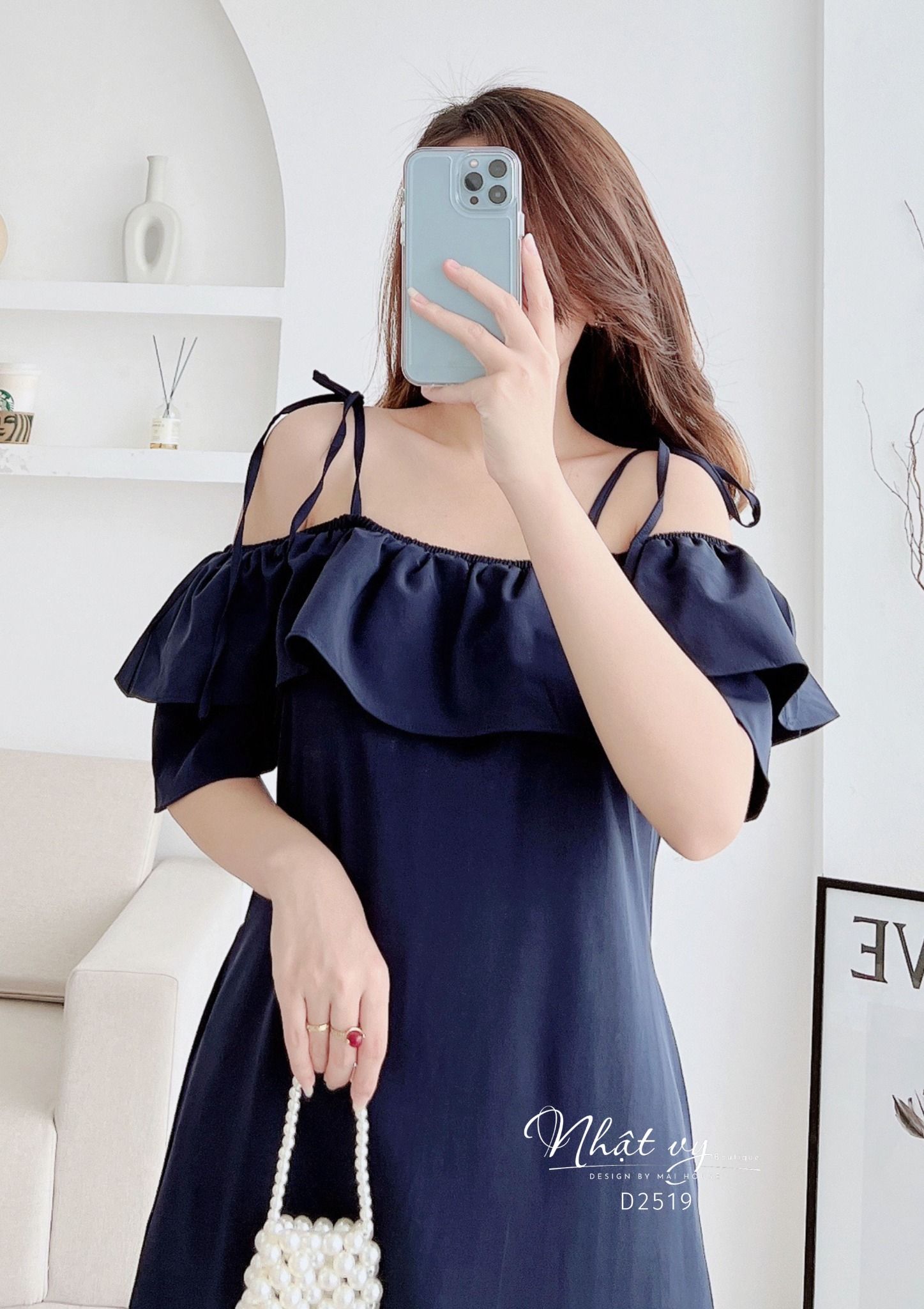 Đầm trễ vai dáng suông thắt nơ vai - D2519
