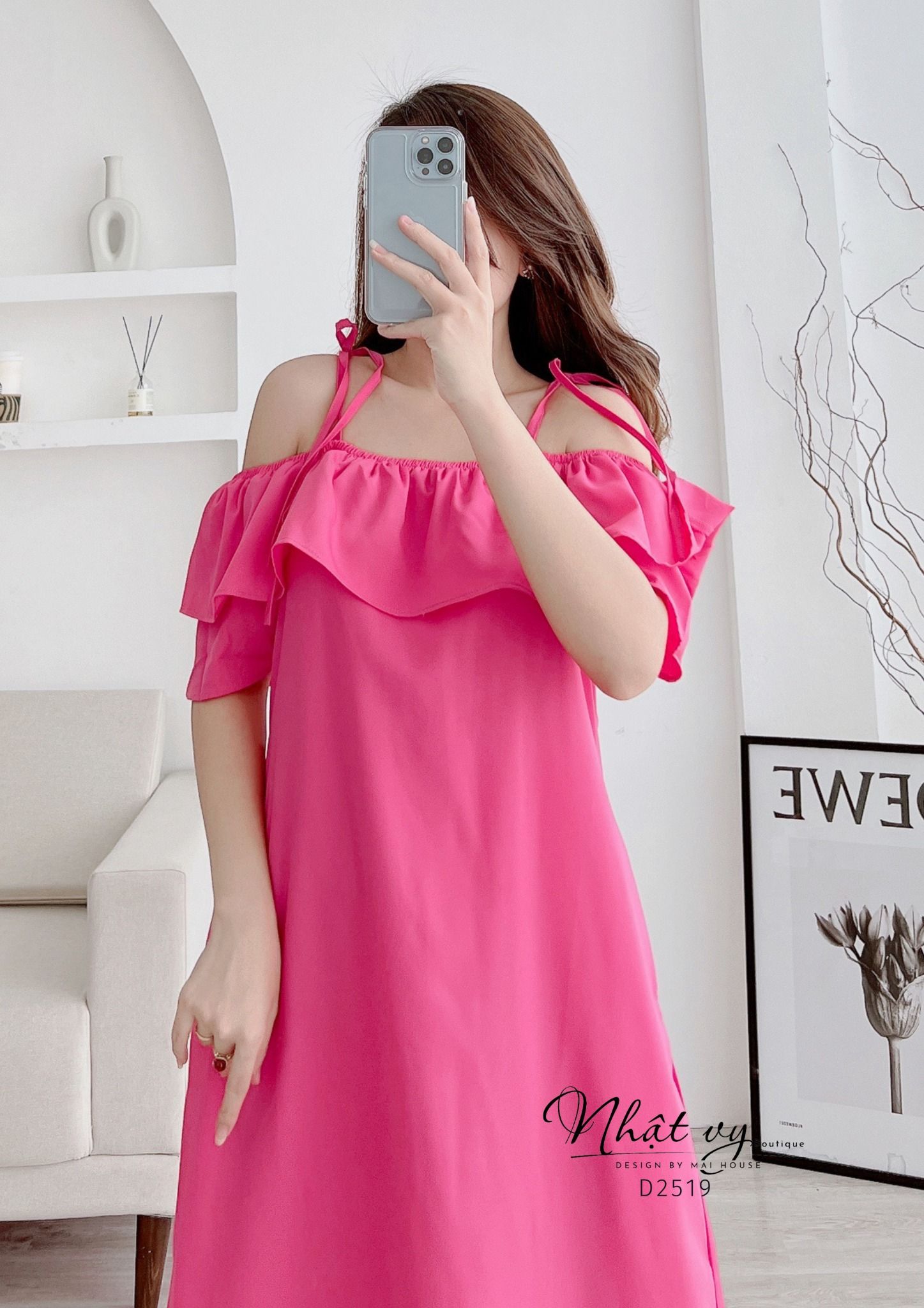 Đầm trễ vai dáng suông thắt nơ vai - D2519