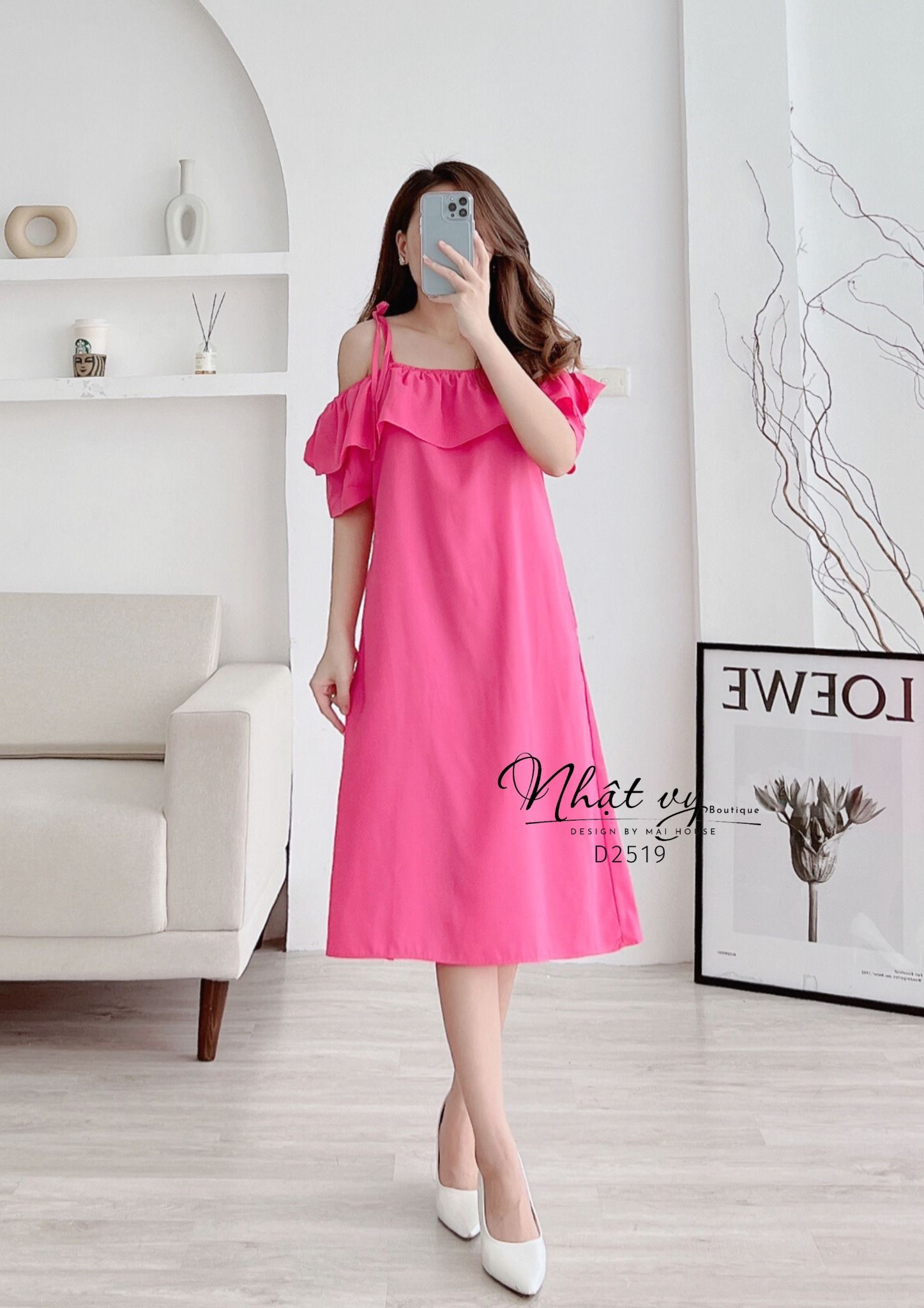 Đầm trễ vai dáng suông thắt nơ vai - D2519