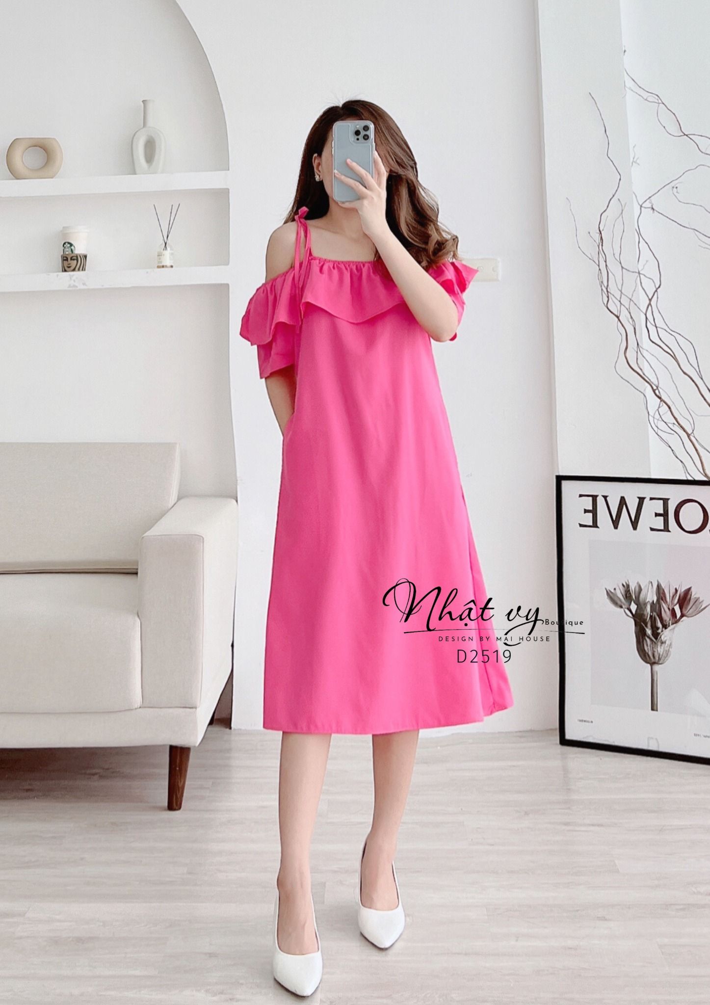 Đầm trễ vai dáng suông thắt nơ vai - D2519