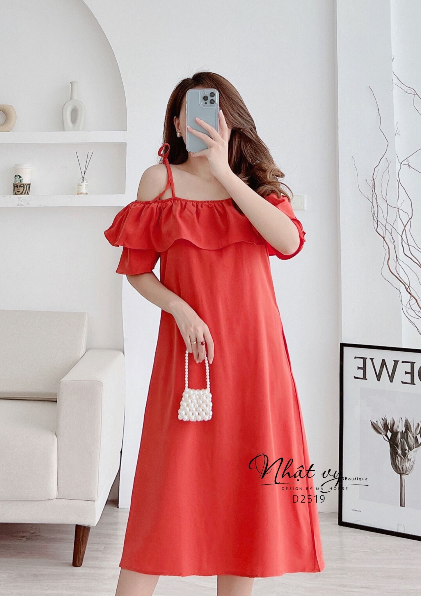 Đầm trễ vai dáng suông thắt nơ vai - D2519