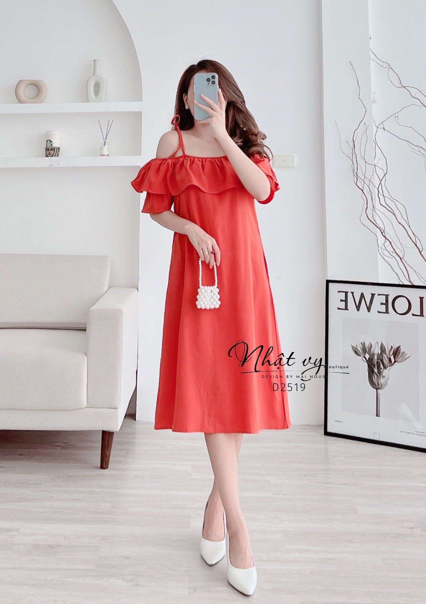 Đầm trễ vai dáng suông thắt nơ vai - D2519