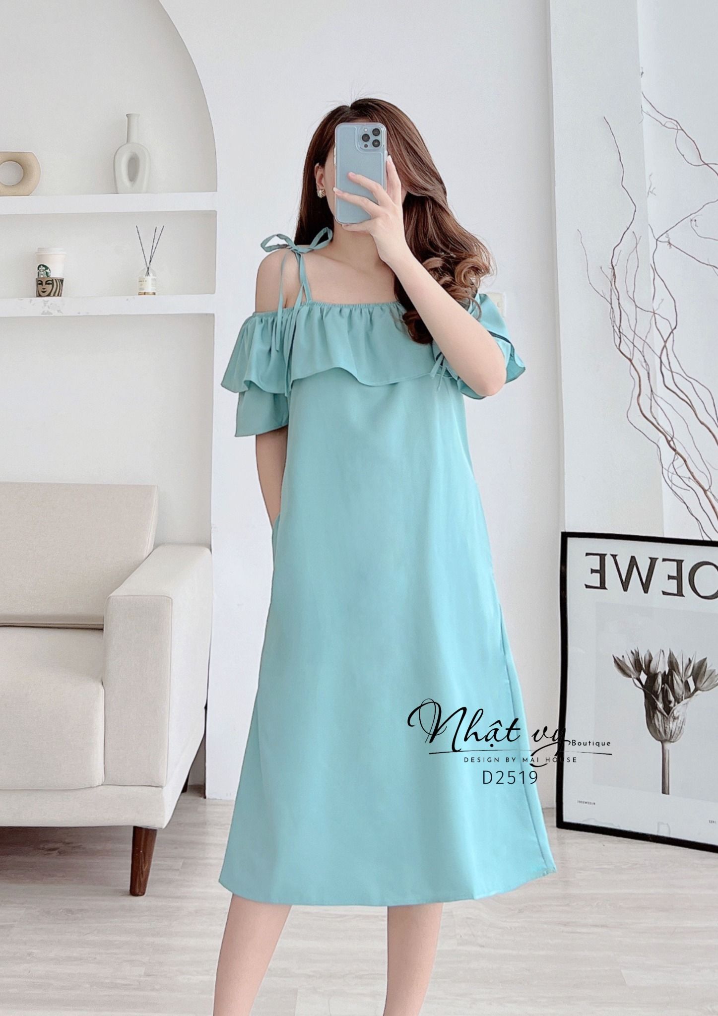 Đầm trễ vai dáng suông thắt nơ vai - D2519