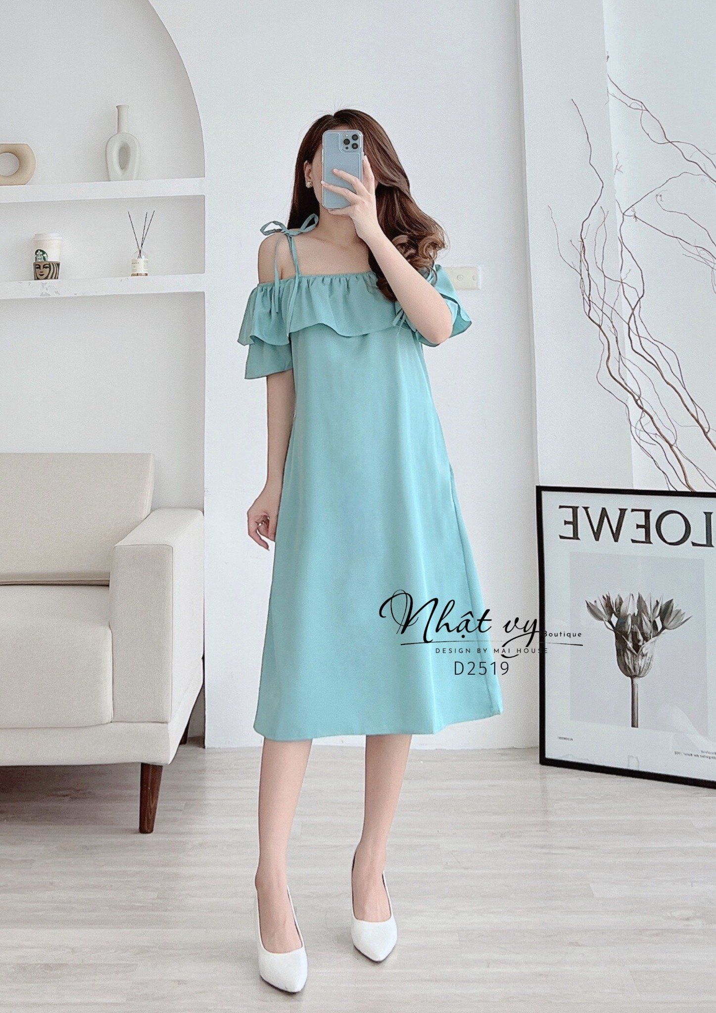 Đầm trễ vai dáng suông thắt nơ vai - D2519