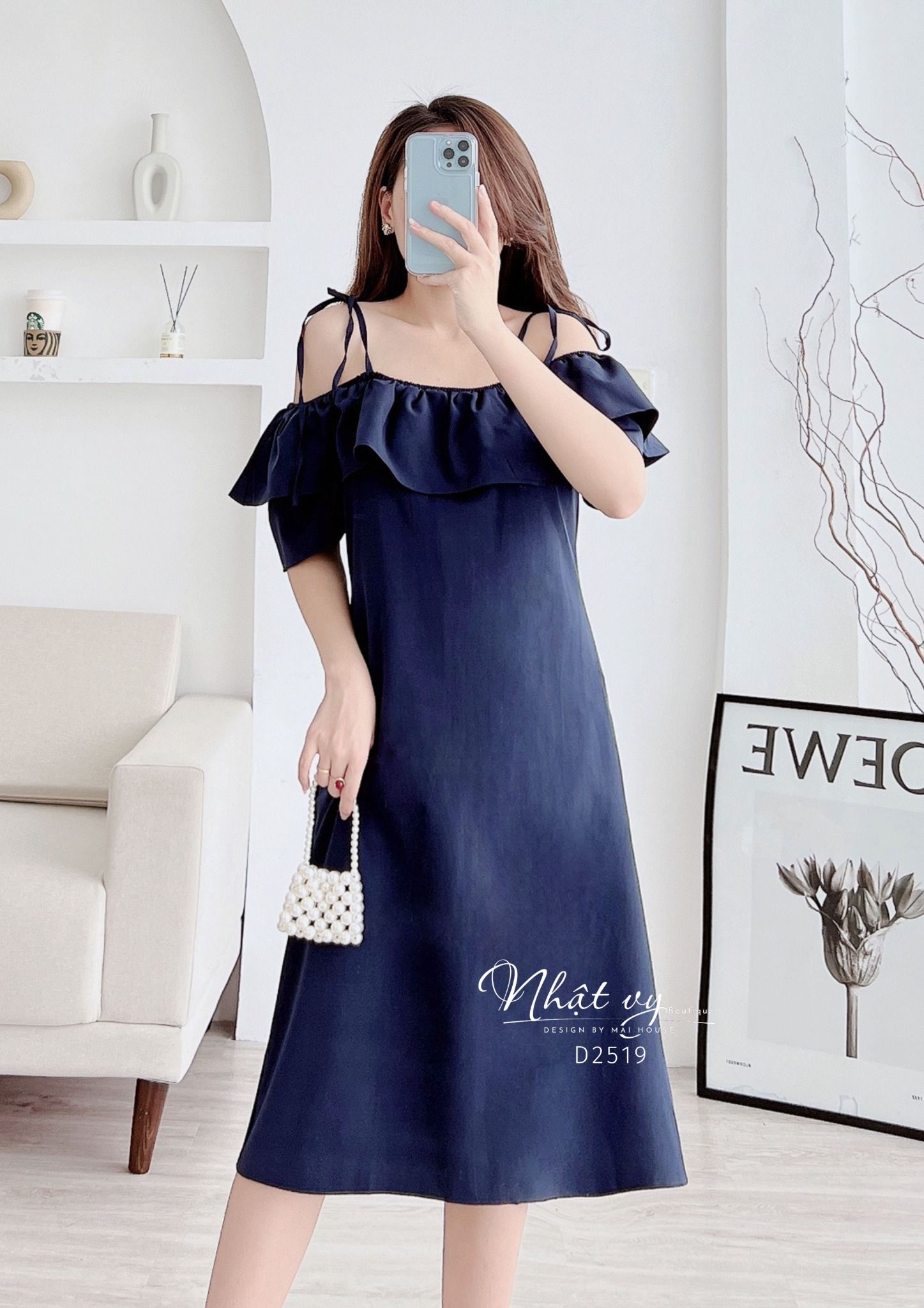 Đầm trễ vai dáng suông thắt nơ vai - D2519