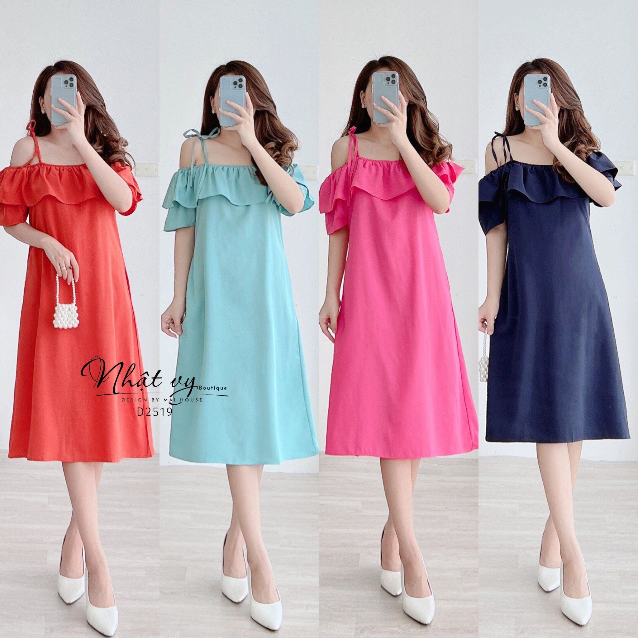 Đầm trễ vai dáng suông thắt nơ vai - D2519