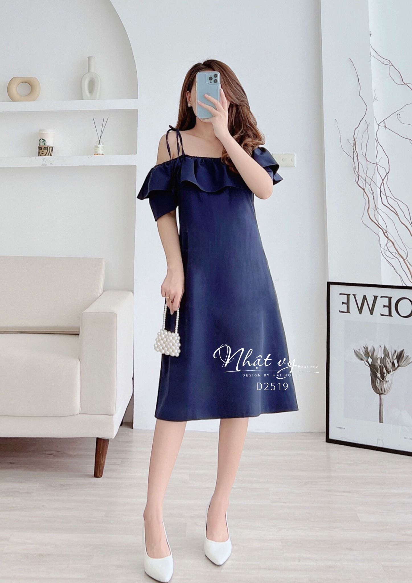 Đầm trễ vai dáng suông thắt nơ vai - D2519