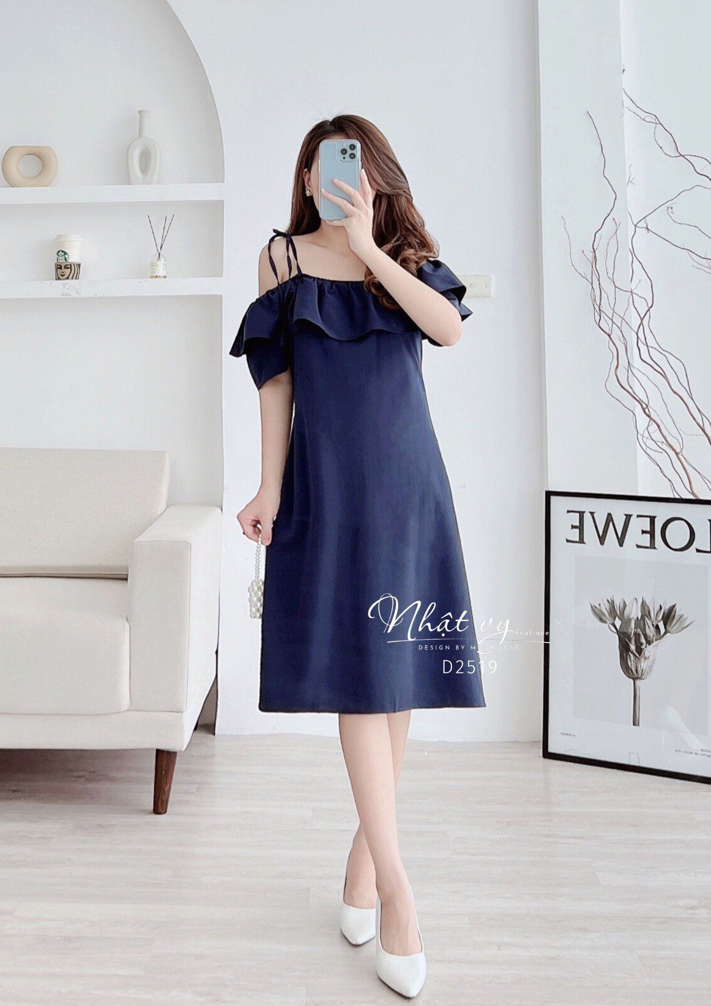 Đầm trễ vai dáng suông thắt nơ vai - D2519