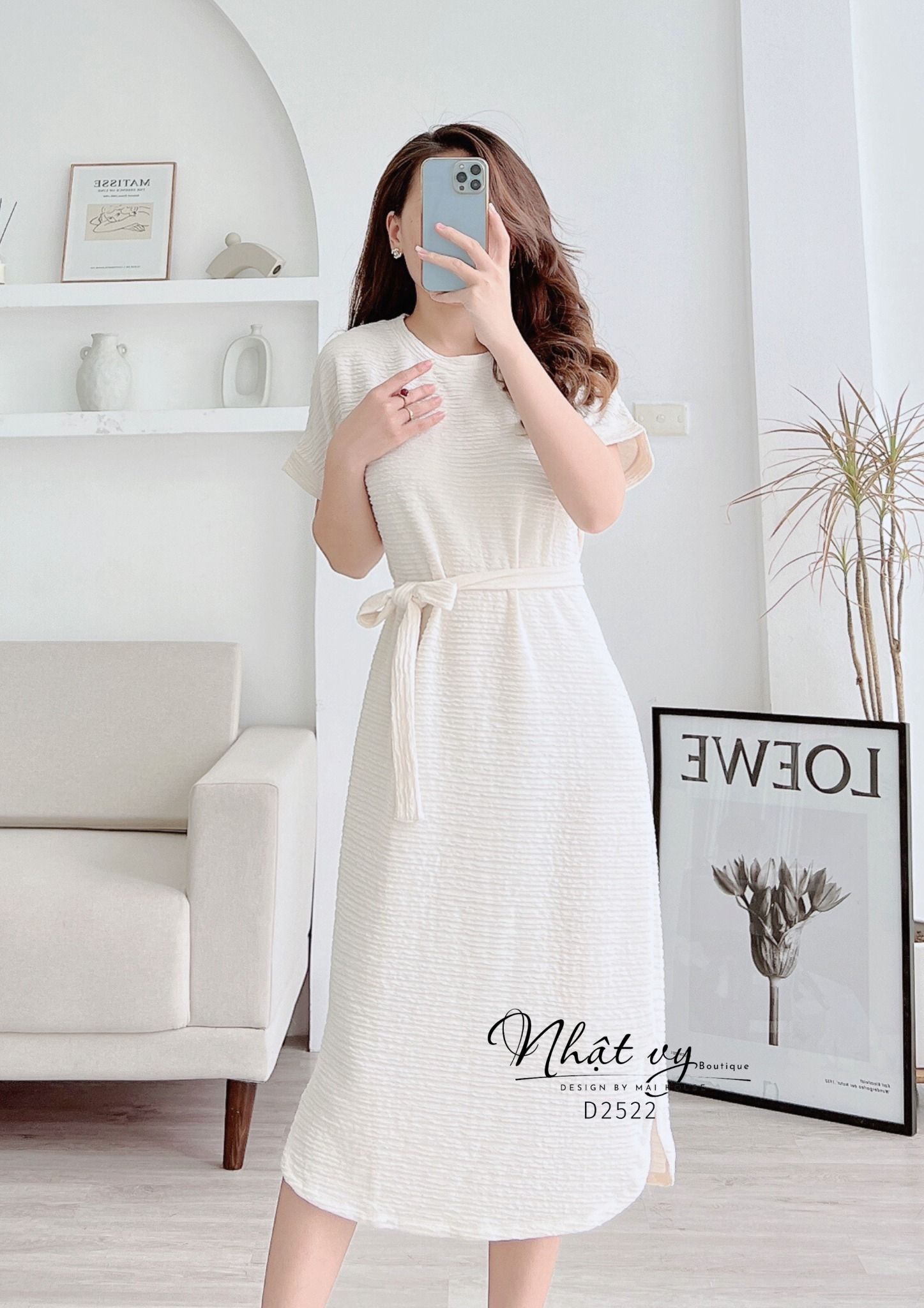 Đầm thun dáng suông cổ tròn kèm dây thắt eo - D2522