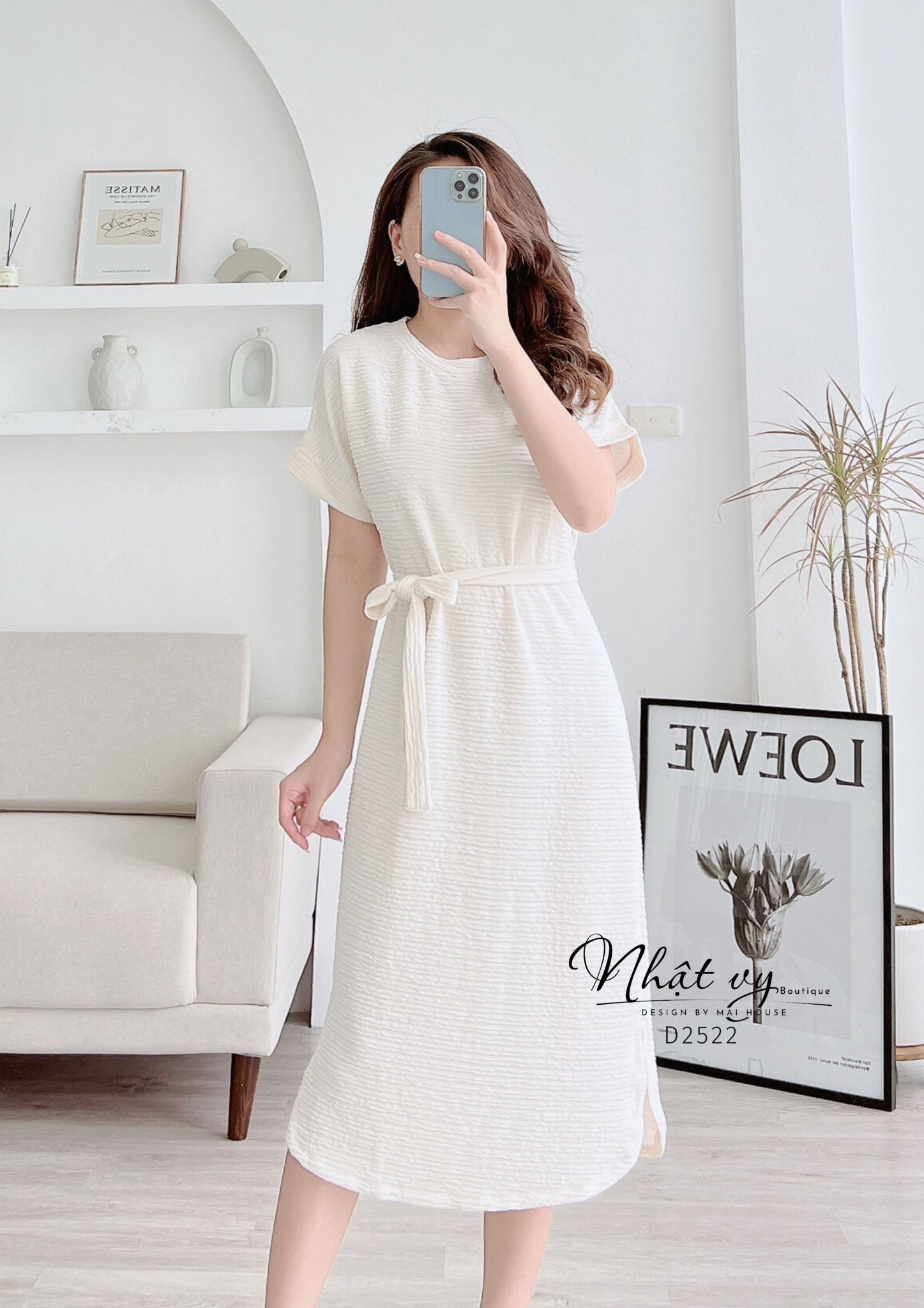 Đầm thun dáng suông cổ tròn kèm dây thắt eo - D2522