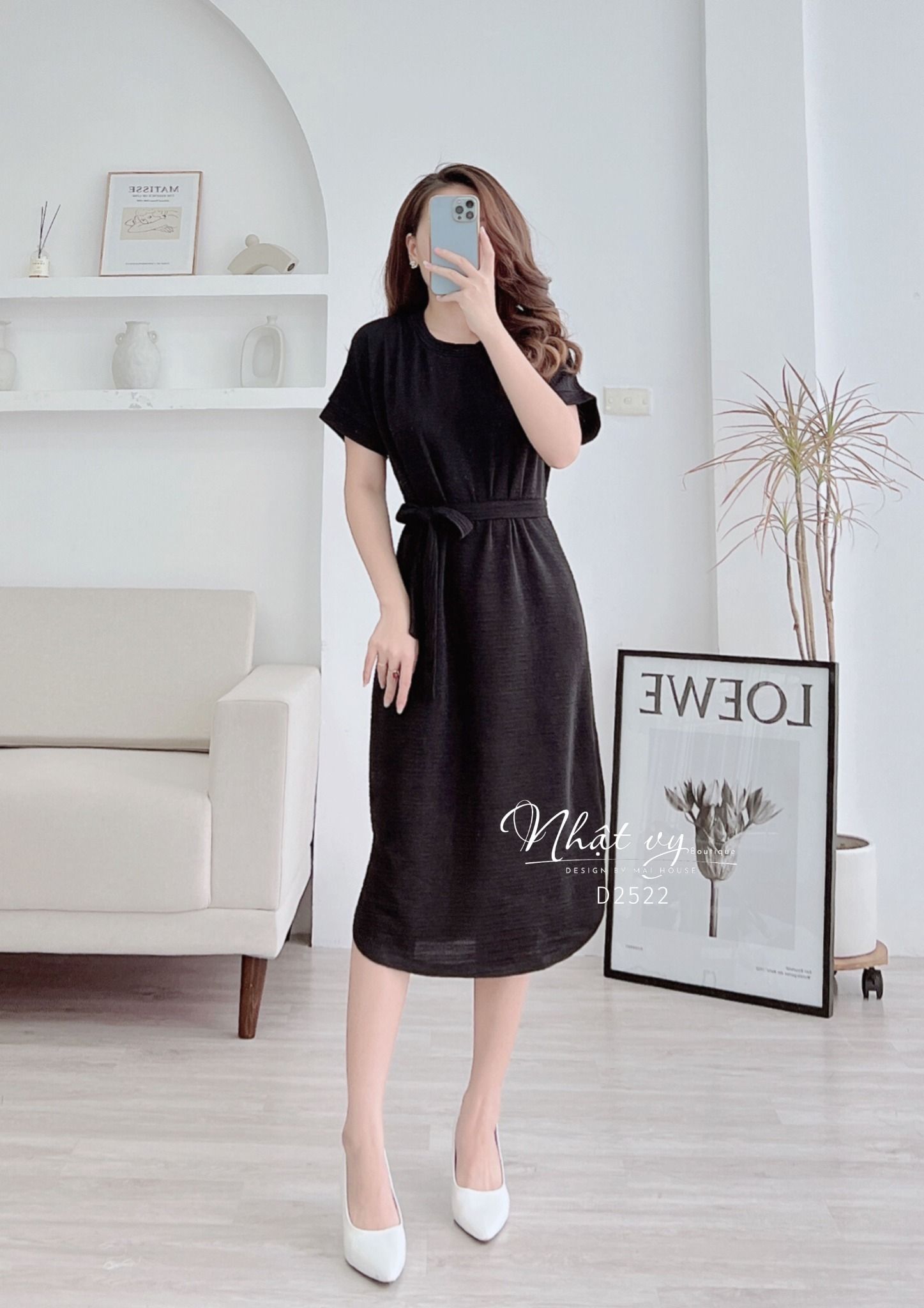 Đầm thun dáng suông cổ tròn kèm dây thắt eo - D2522