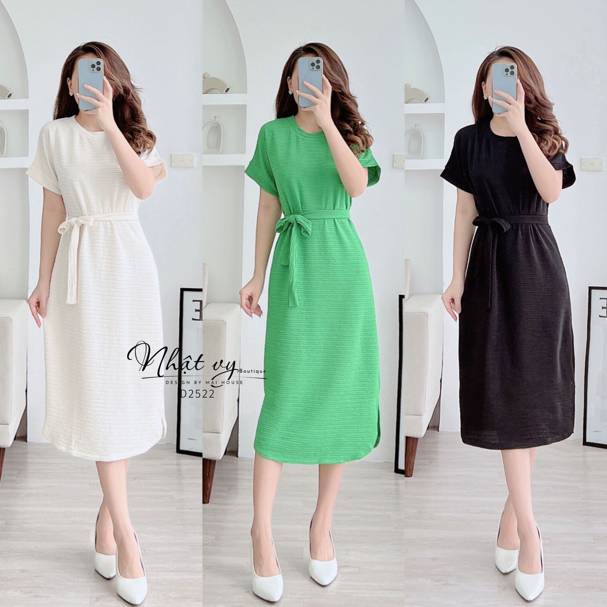 Đầm thun dáng suông cổ tròn kèm dây thắt eo - D2522