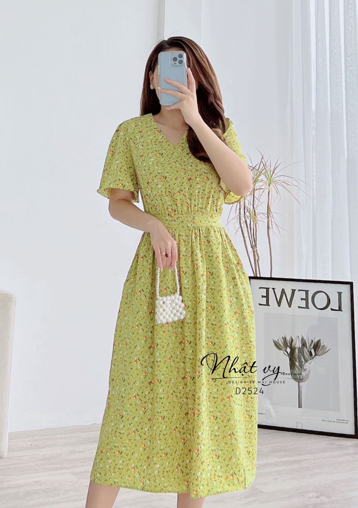 Đầm hoa cổ V nhún eo kiểu dây liền có túi - D2524