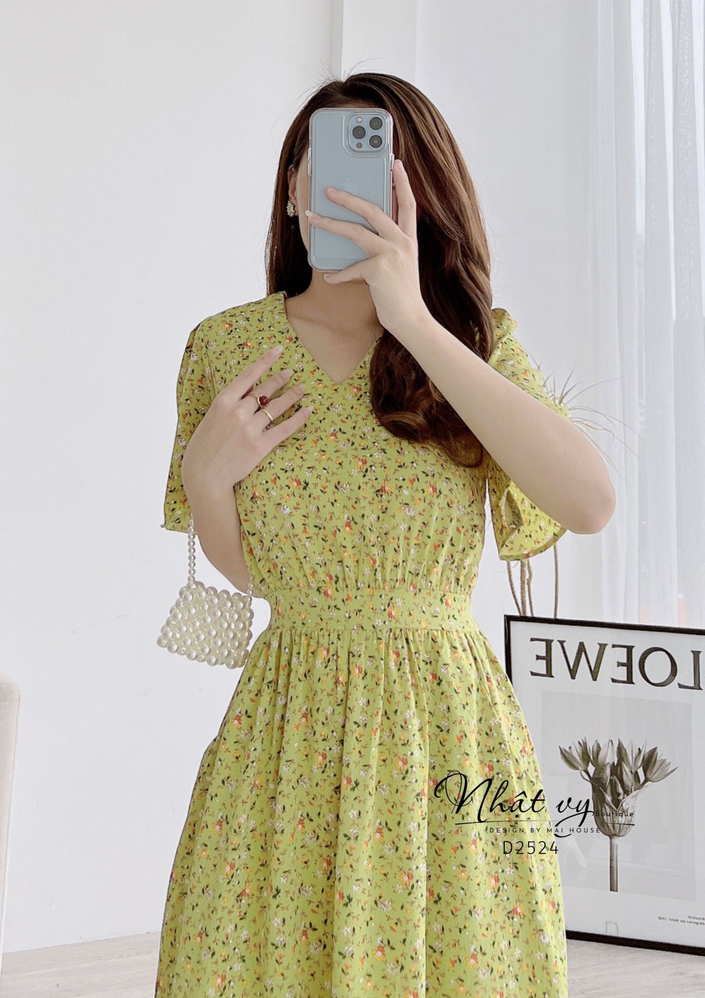 Đầm hoa cổ V nhún eo kiểu dây liền có túi - D2524