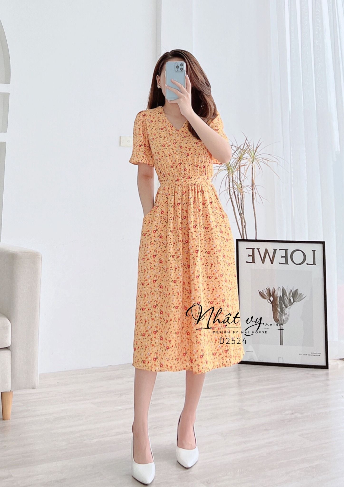 Đầm hoa cổ V nhún eo kiểu dây liền có túi - D2524
