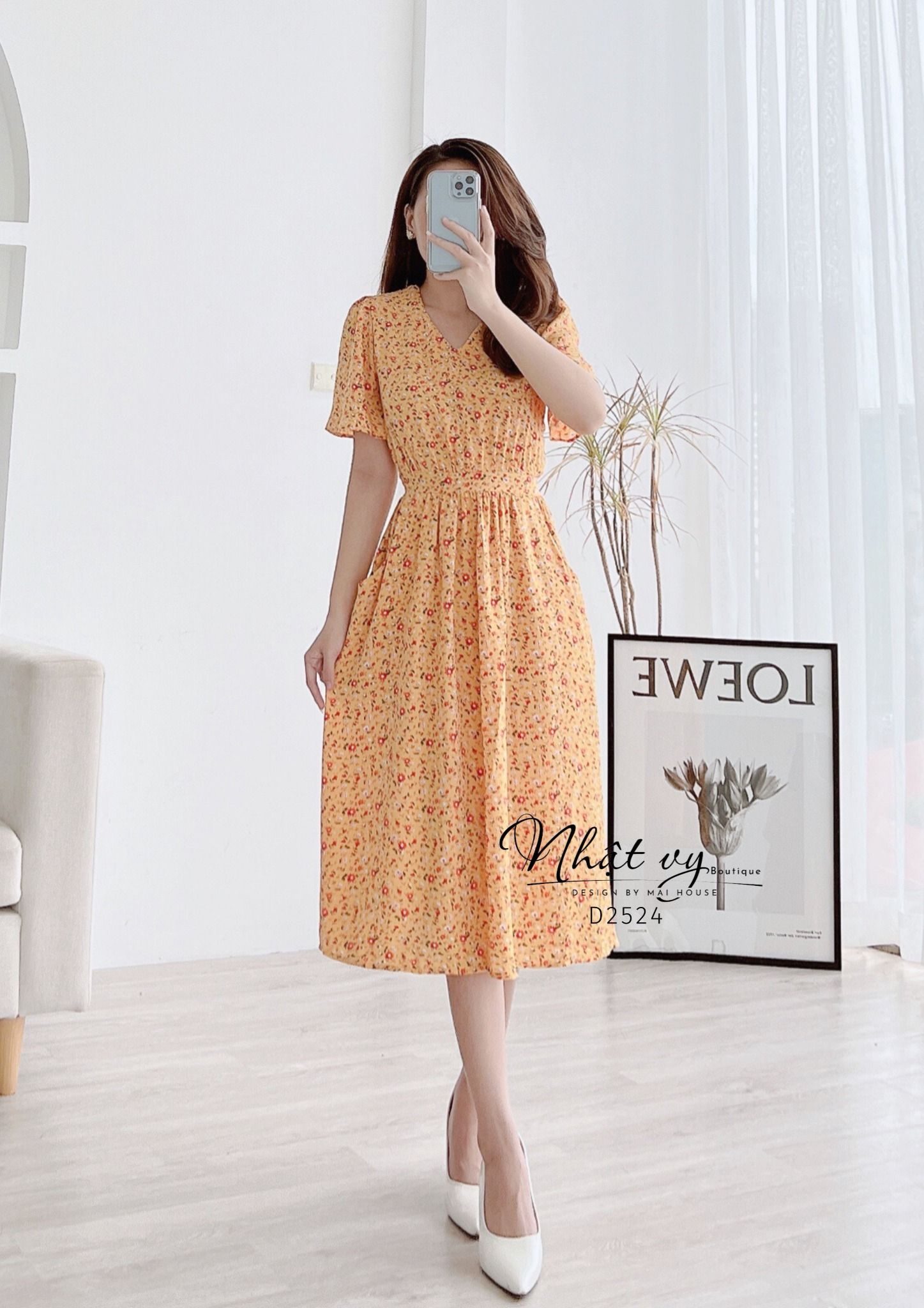 Đầm hoa cổ V nhún eo kiểu dây liền có túi - D2524