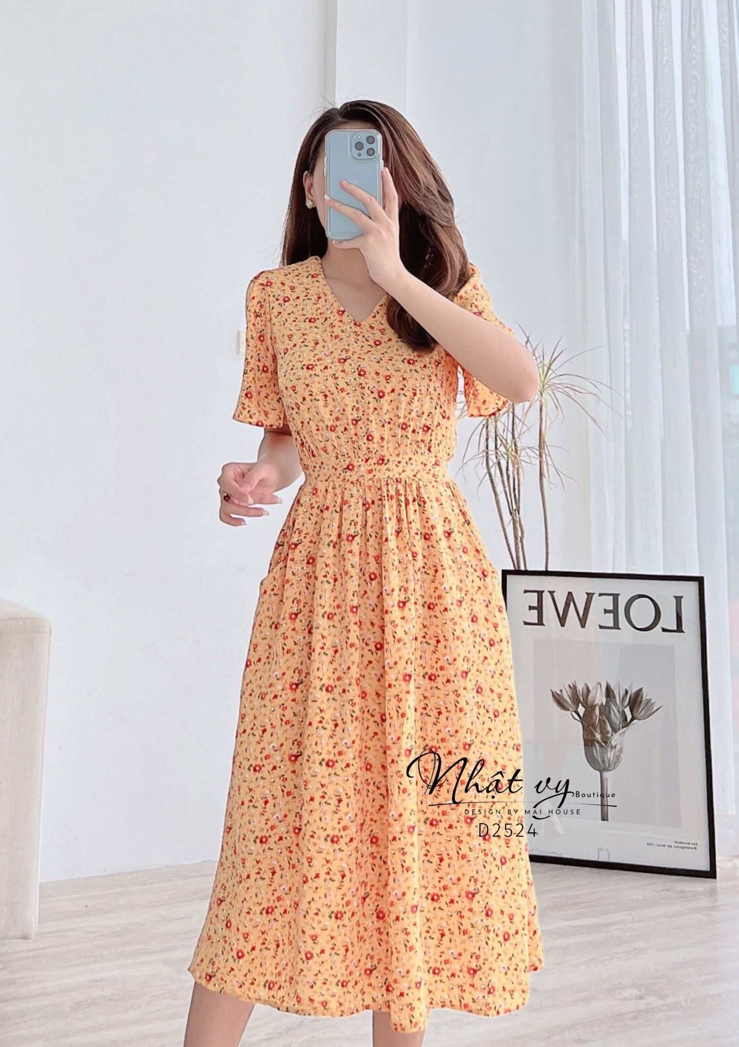 Đầm hoa cổ V nhún eo kiểu dây liền có túi - D2524