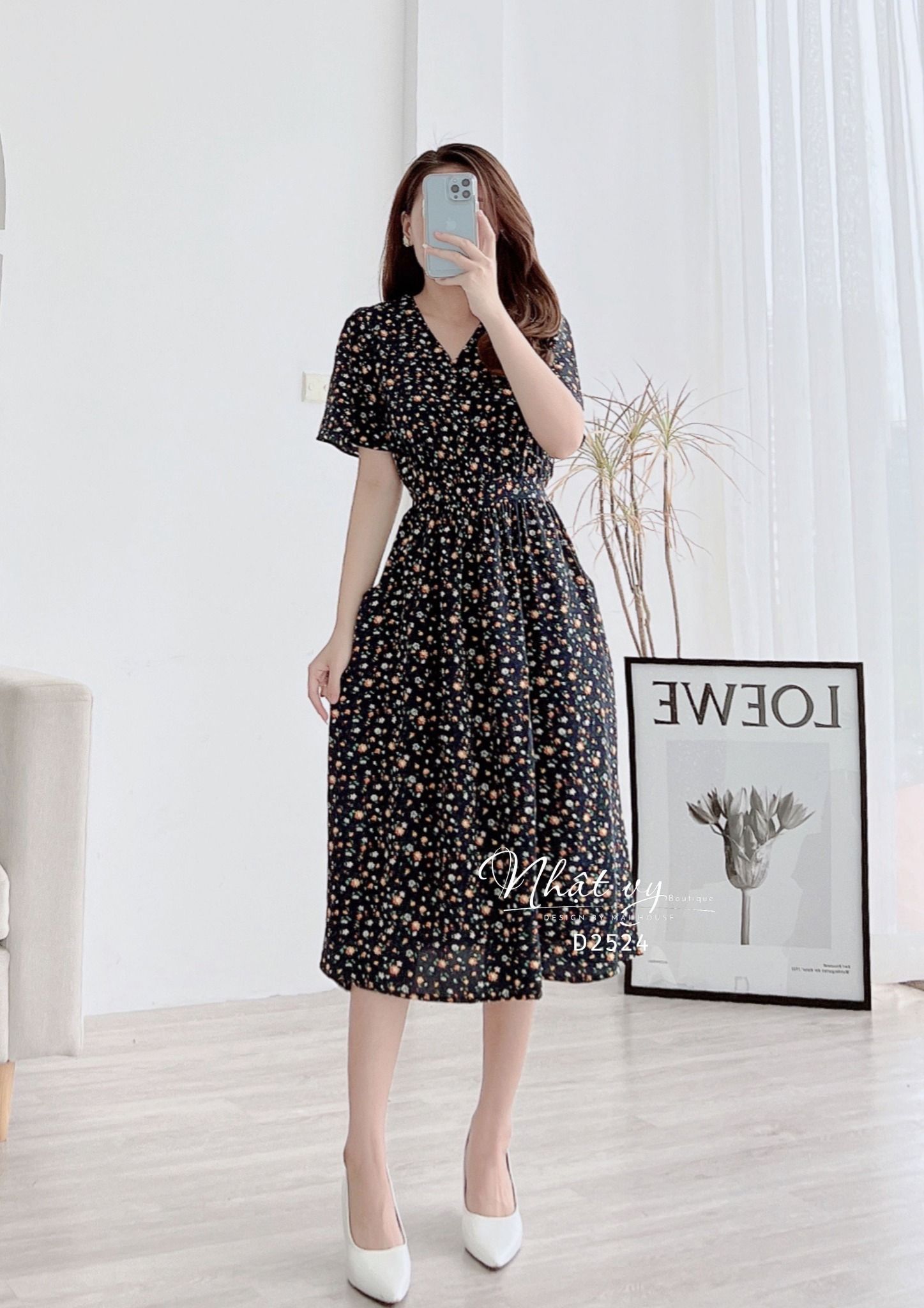 Đầm hoa cổ V nhún eo kiểu dây liền có túi - D2524