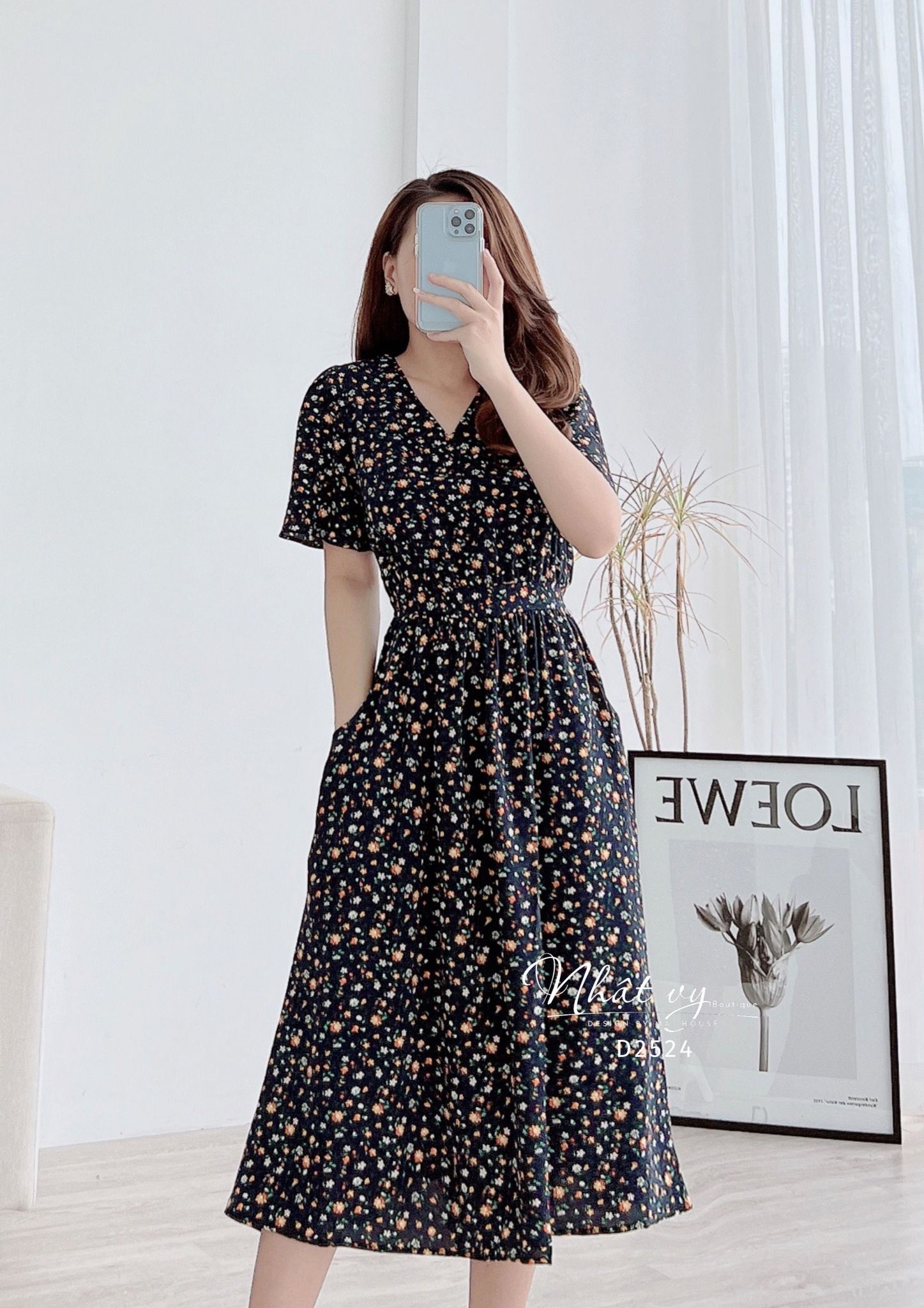 Đầm hoa cổ V nhún eo kiểu dây liền có túi - D2524