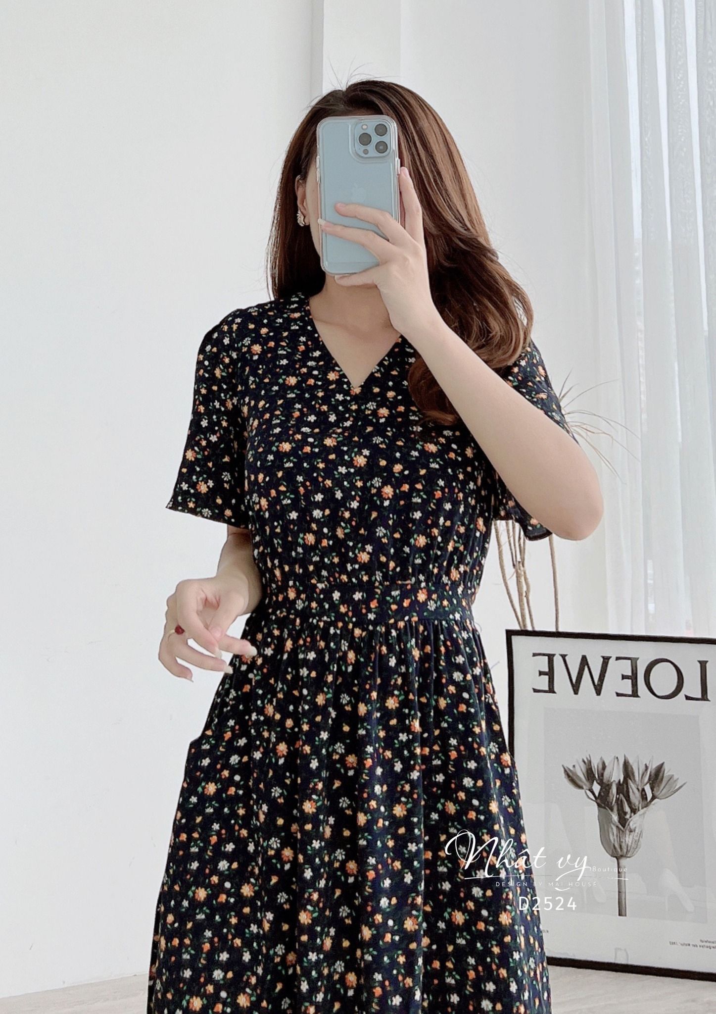 Đầm hoa cổ V nhún eo kiểu dây liền có túi - D2524