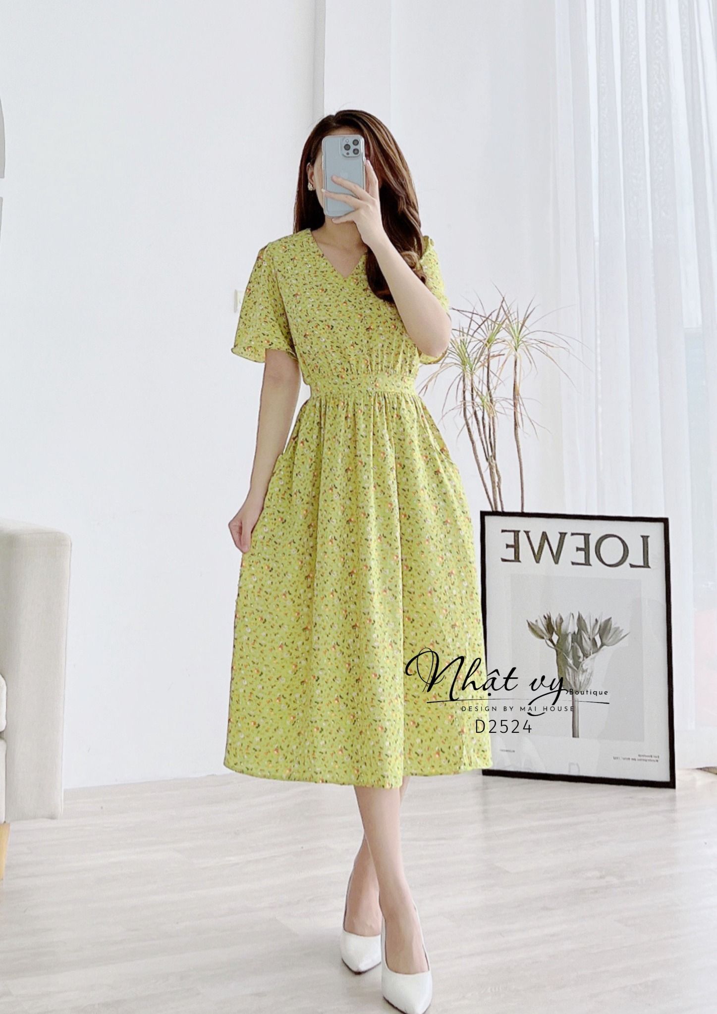 Đầm hoa cổ V nhún eo kiểu dây liền có túi - D2524