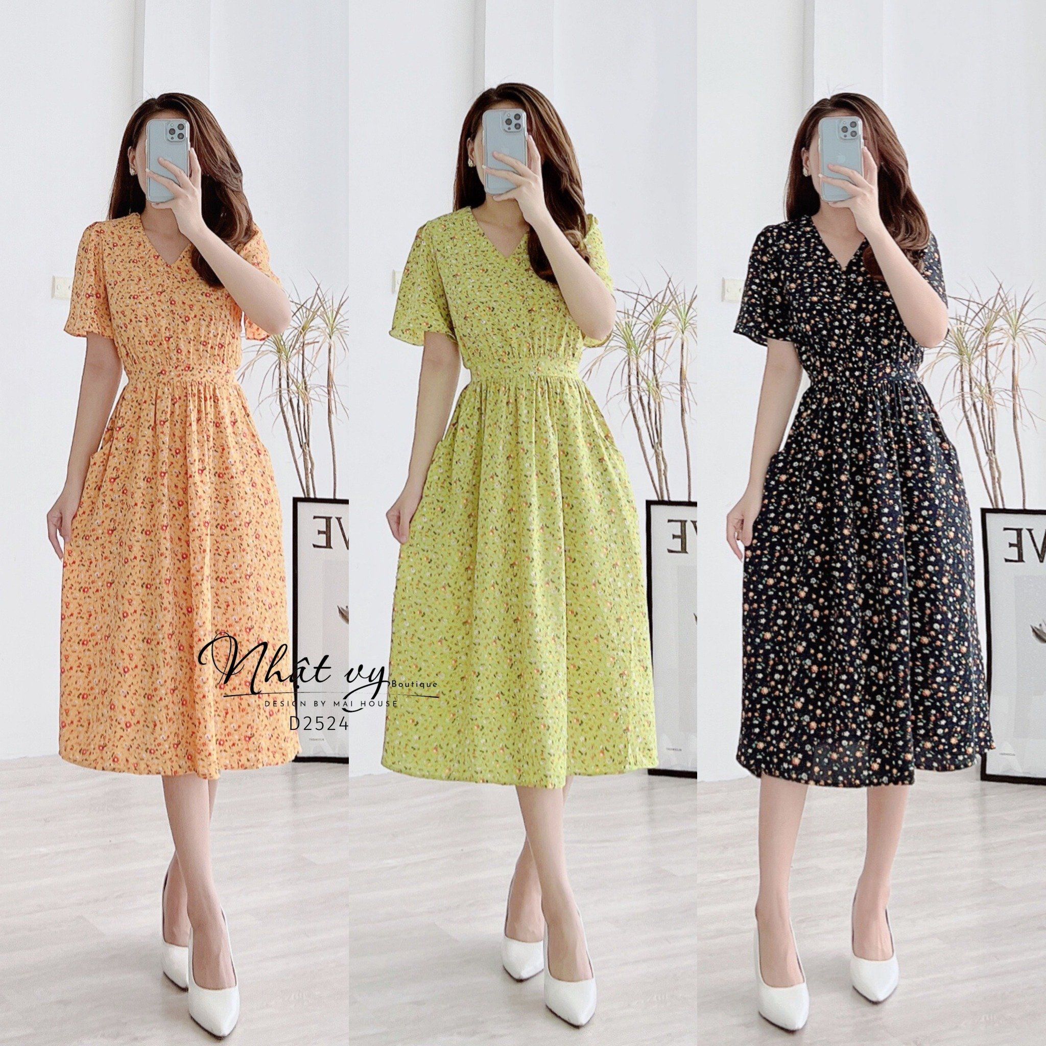 Đầm hoa cổ V nhún eo kiểu dây liền có túi - D2524