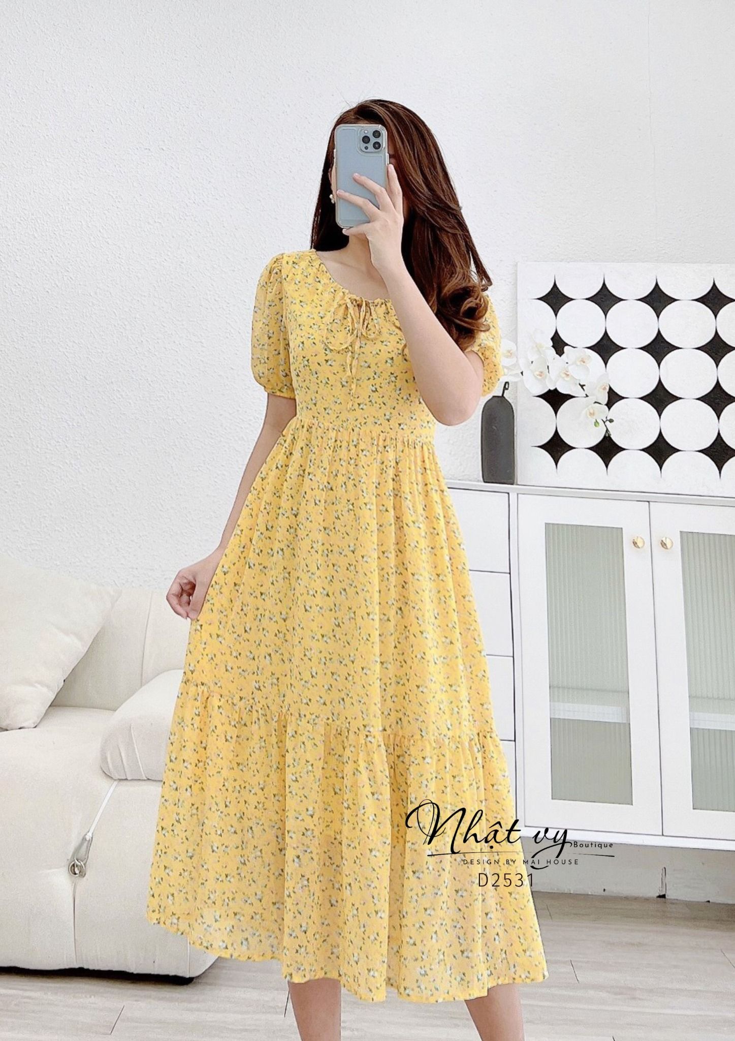 Đầm hoa babydoll đuôi cá thắt nơ cổ - D2531