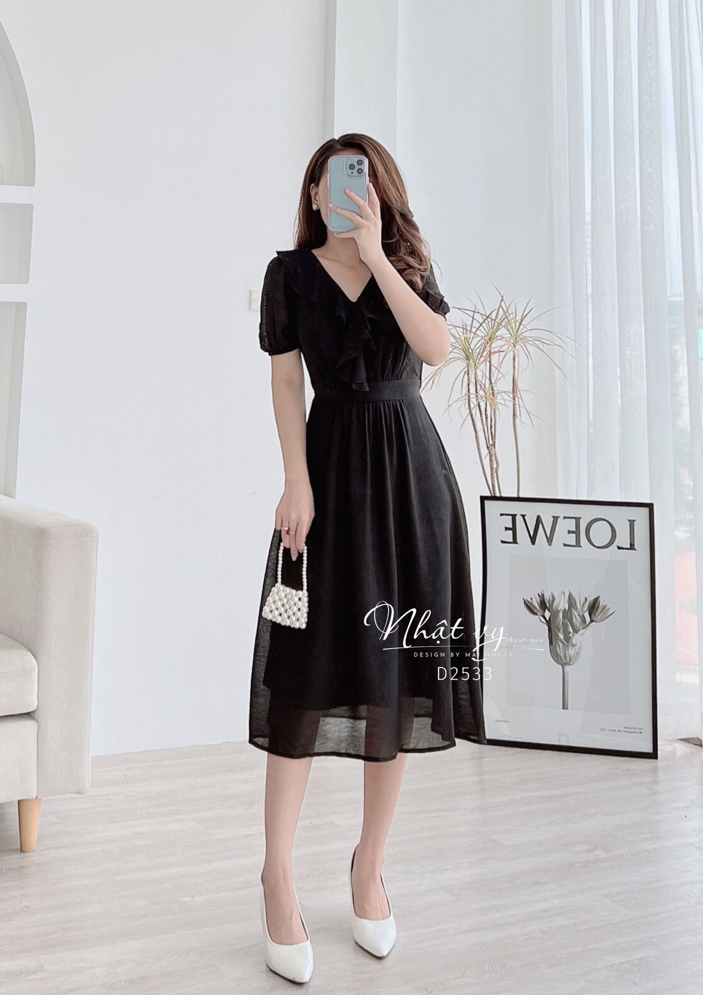 Đầm cổ tim phối bèo form dáng xoè - D2533