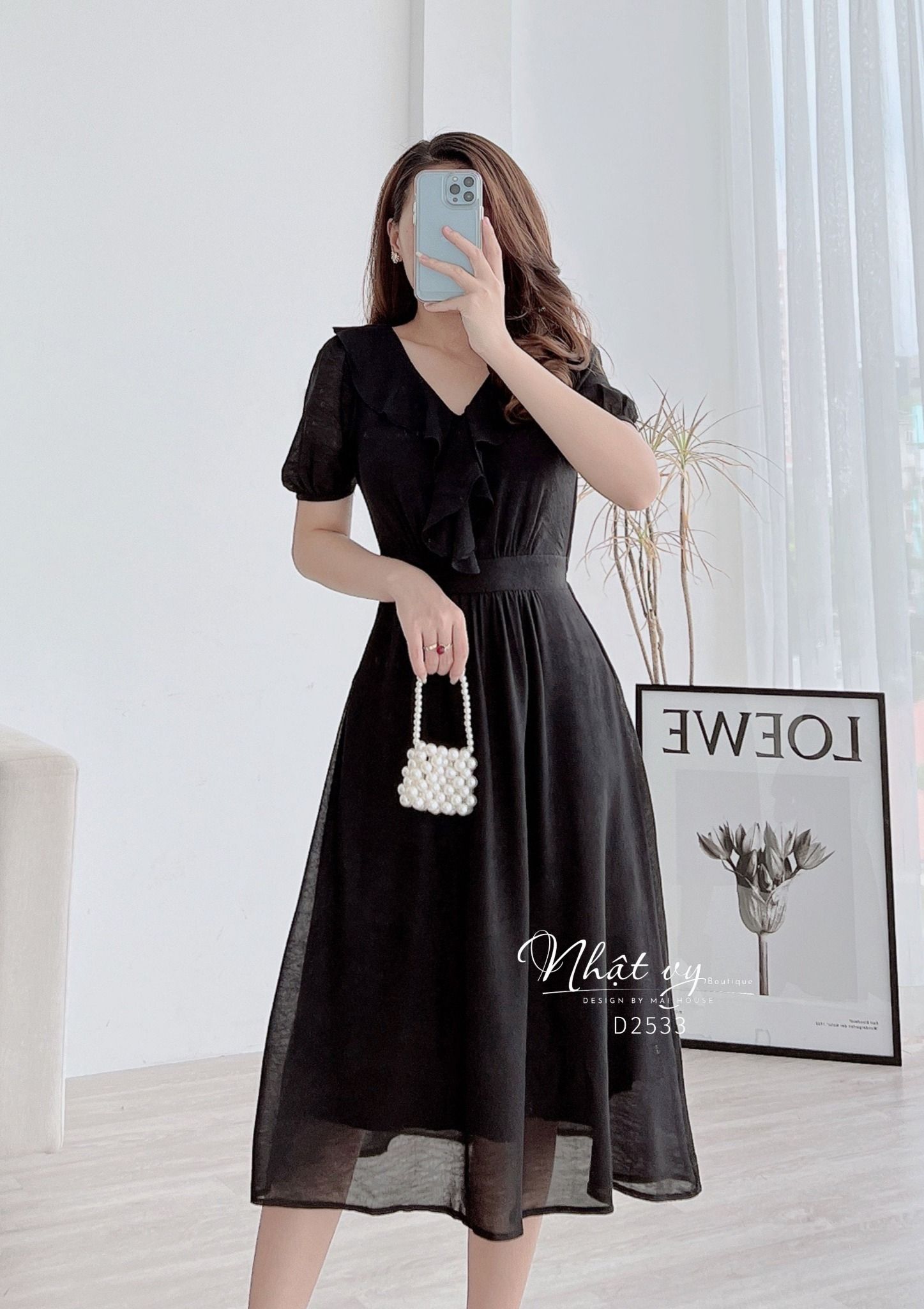Đầm cổ tim phối bèo form dáng xoè - D2533