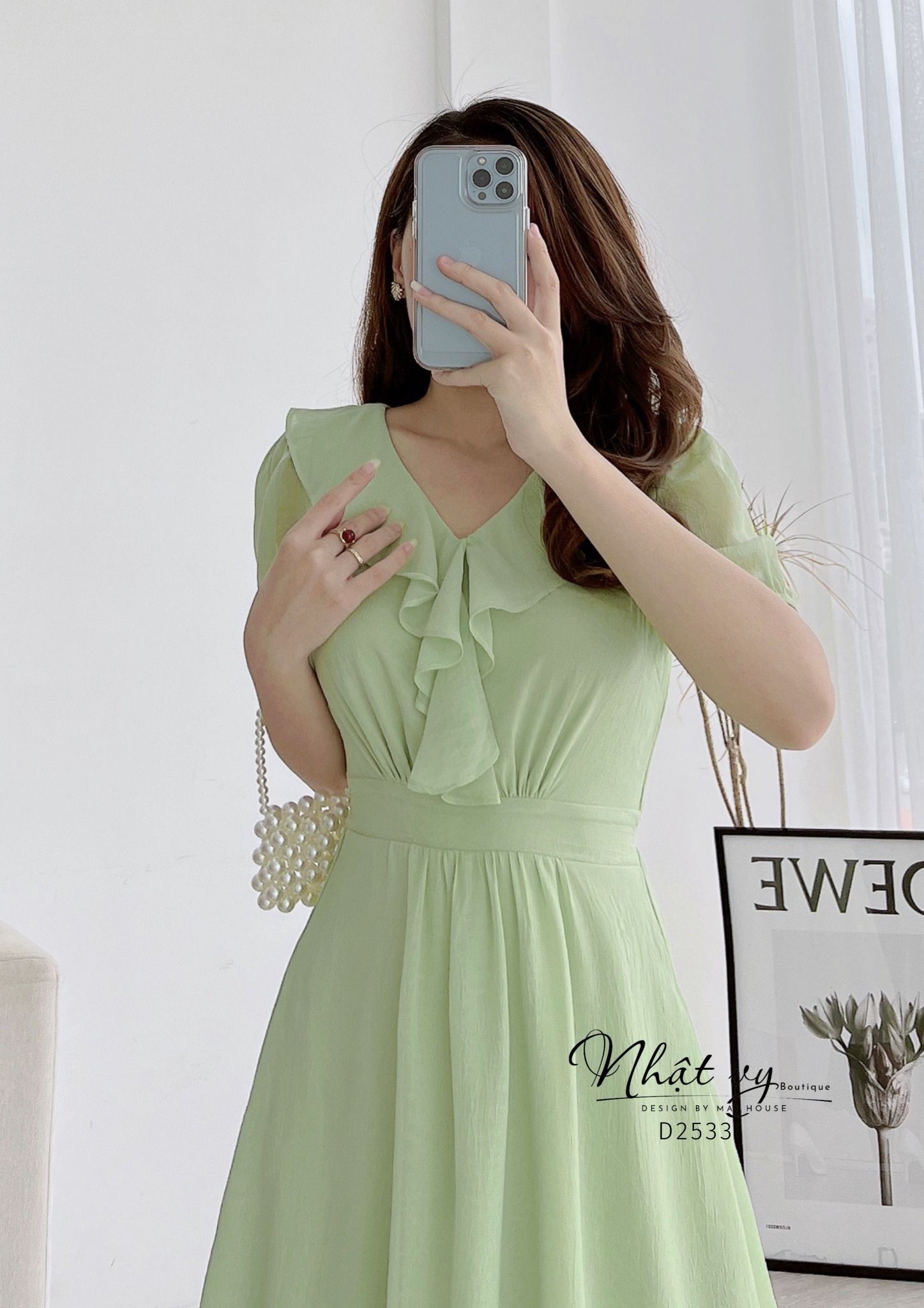 Đầm cổ tim phối bèo form dáng xoè - D2533