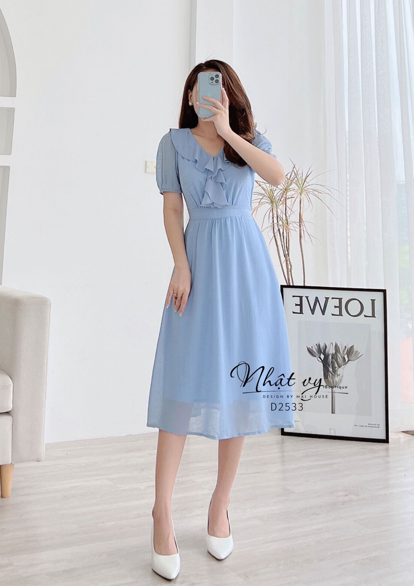 Đầm cổ tim phối bèo form dáng xoè - D2533