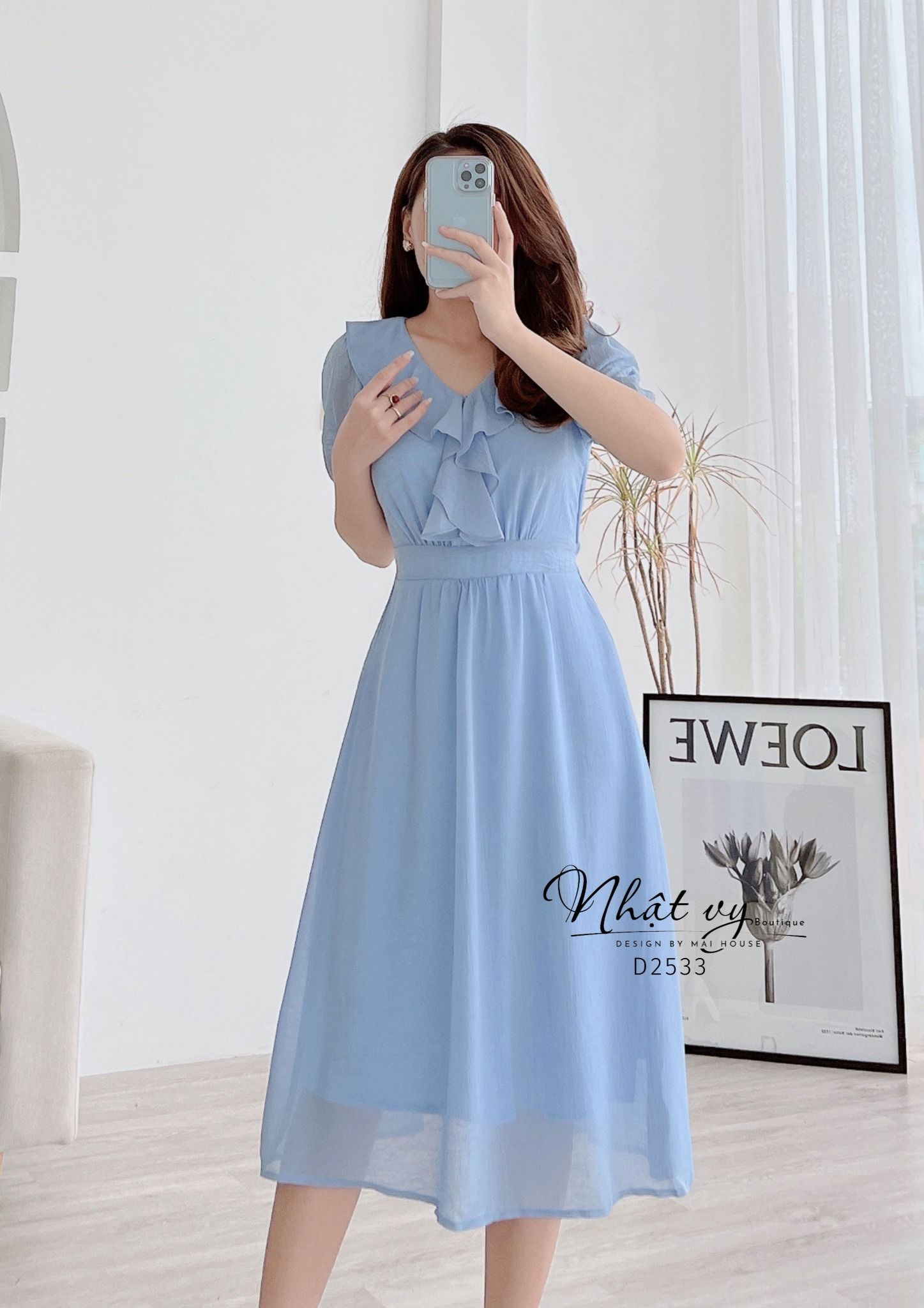 Đầm cổ tim phối bèo form dáng xoè - D2533