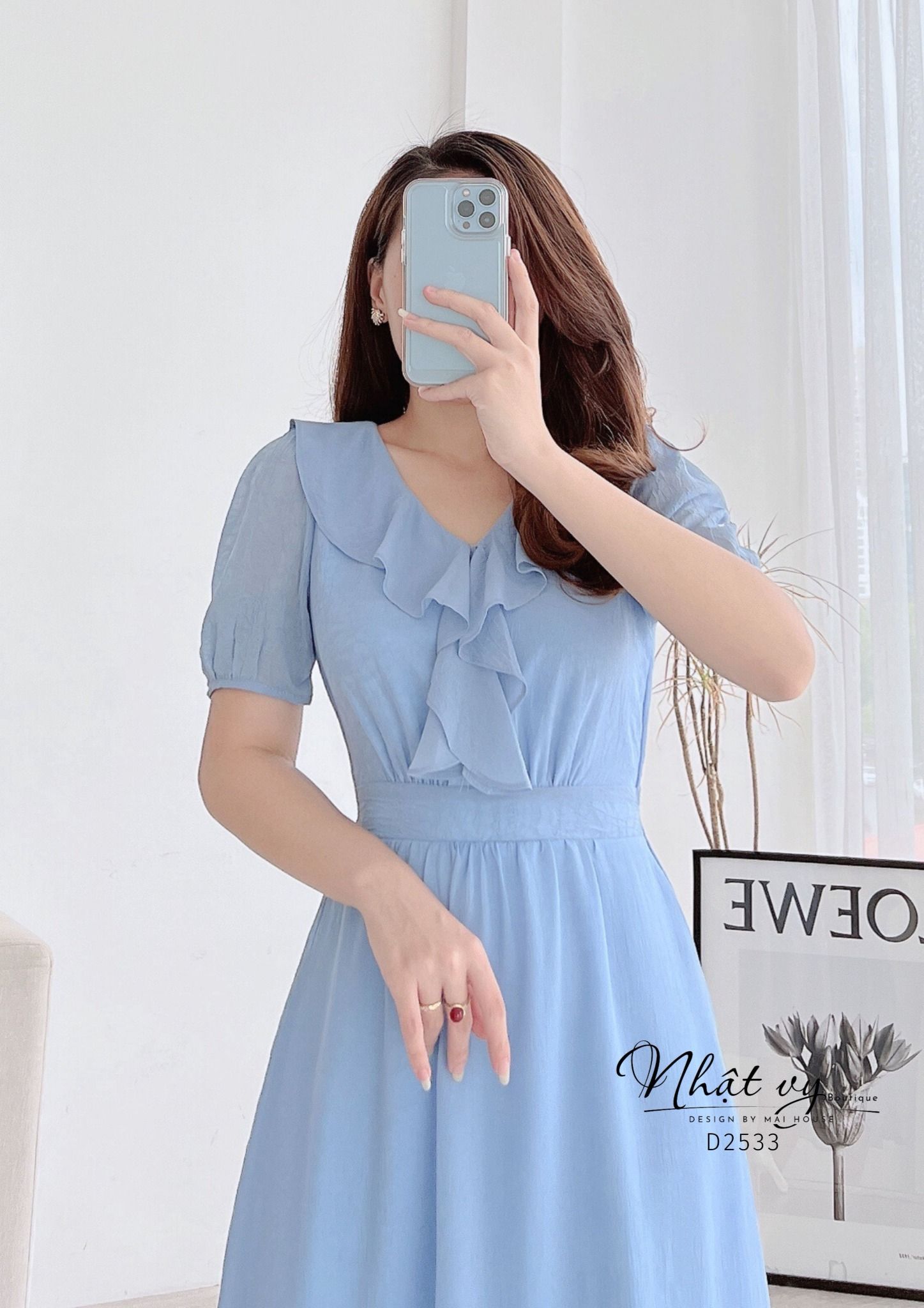 Đầm cổ tim phối bèo form dáng xoè - D2533