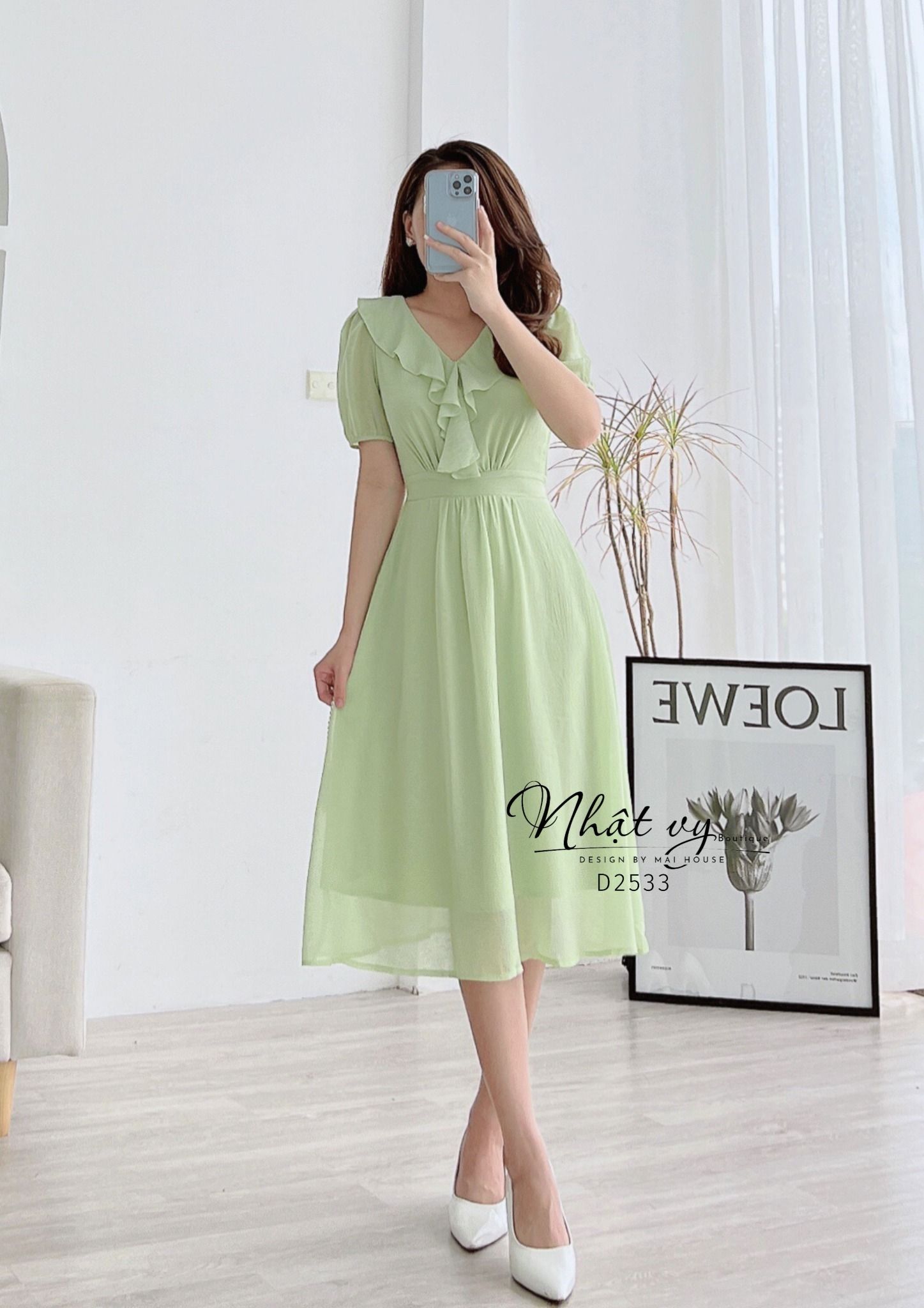 Đầm cổ tim phối bèo form dáng xoè - D2533