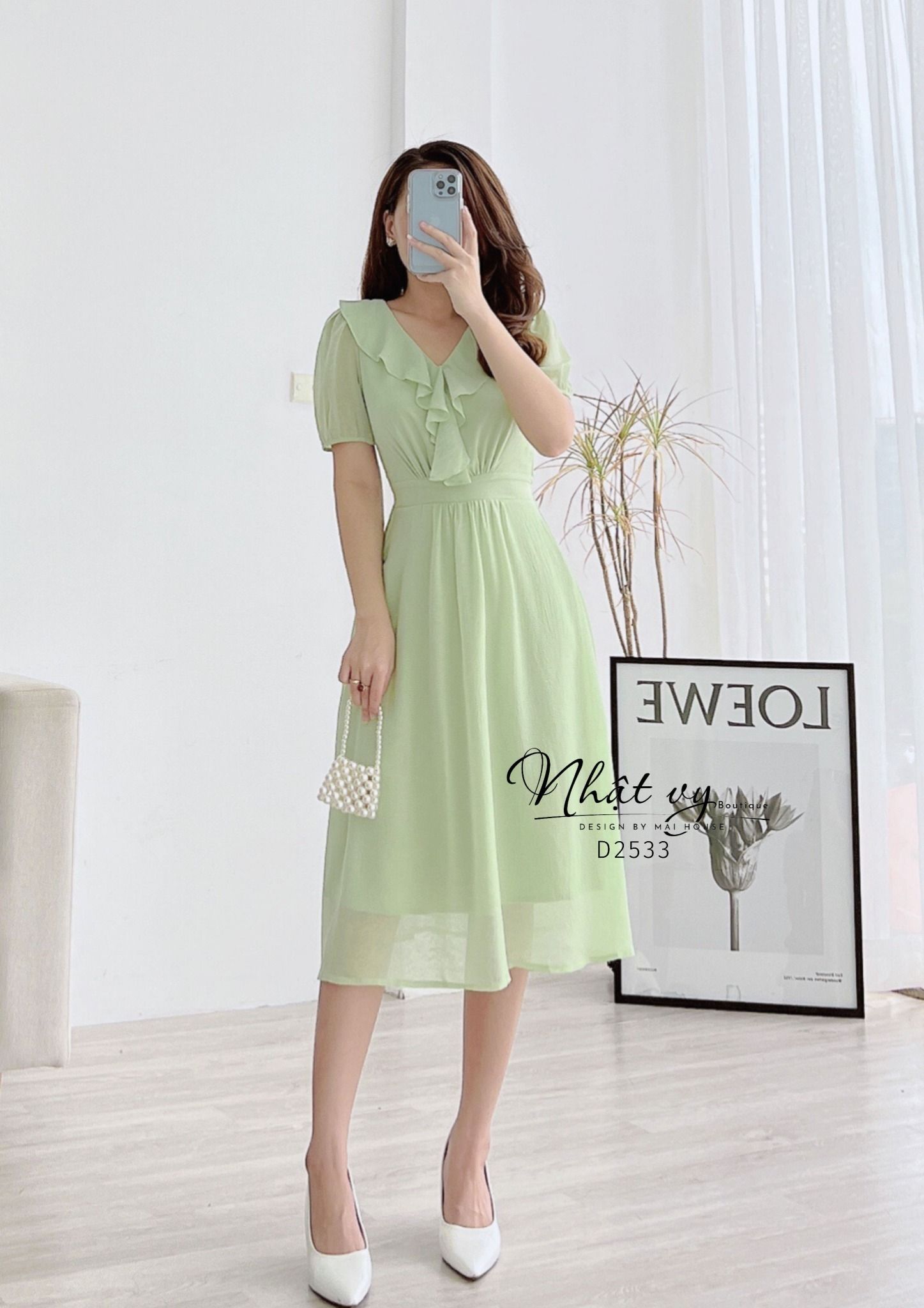 Đầm cổ tim phối bèo form dáng xoè - D2533