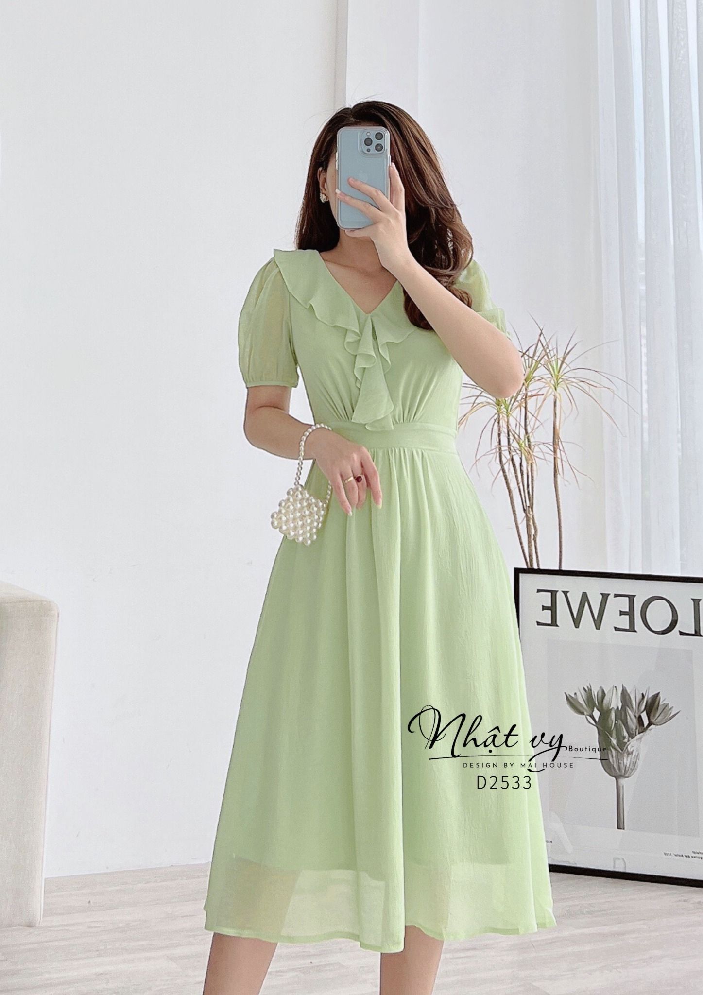 Đầm cổ tim phối bèo form dáng xoè - D2533