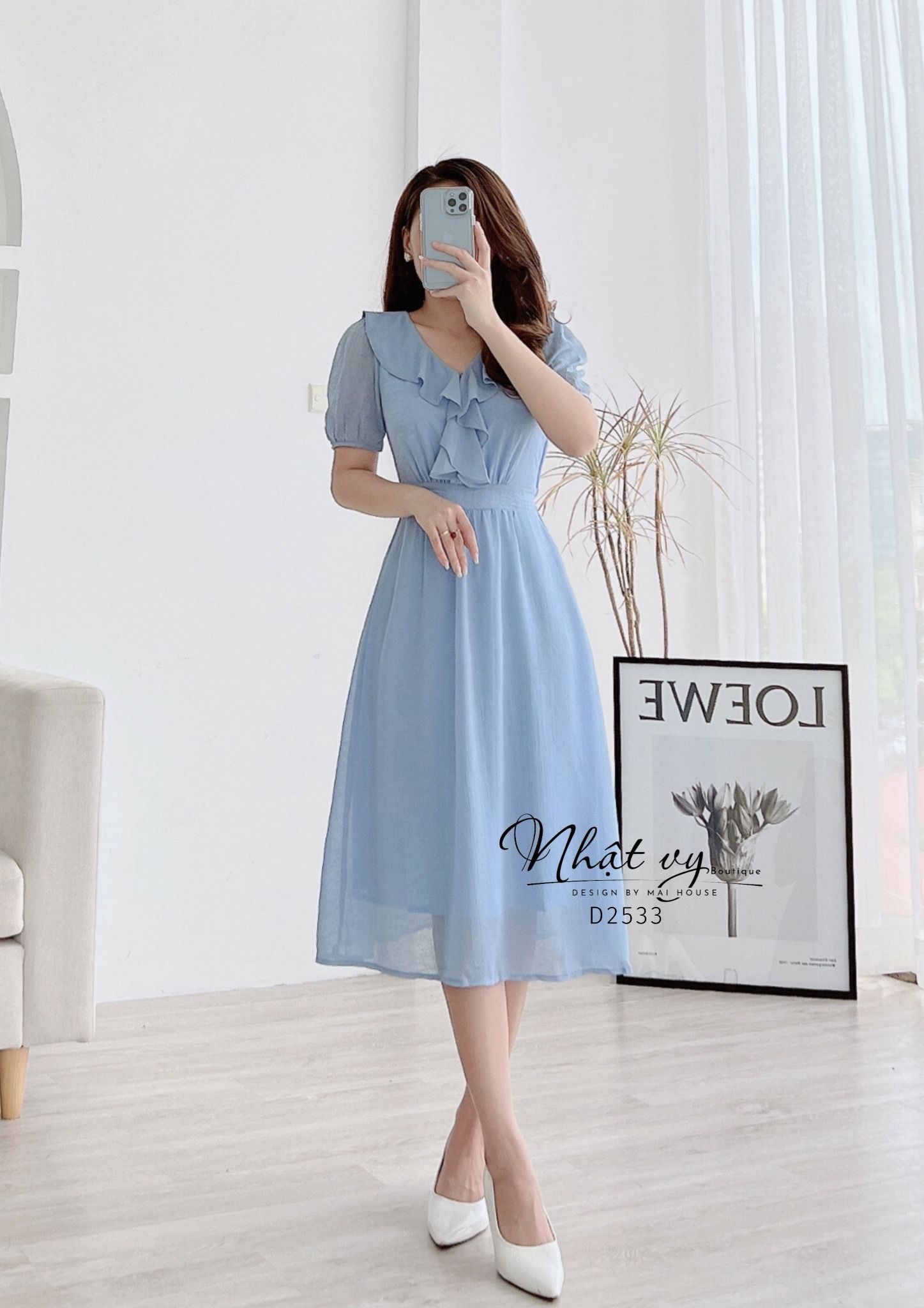 Đầm cổ tim phối bèo form dáng xoè - D2533