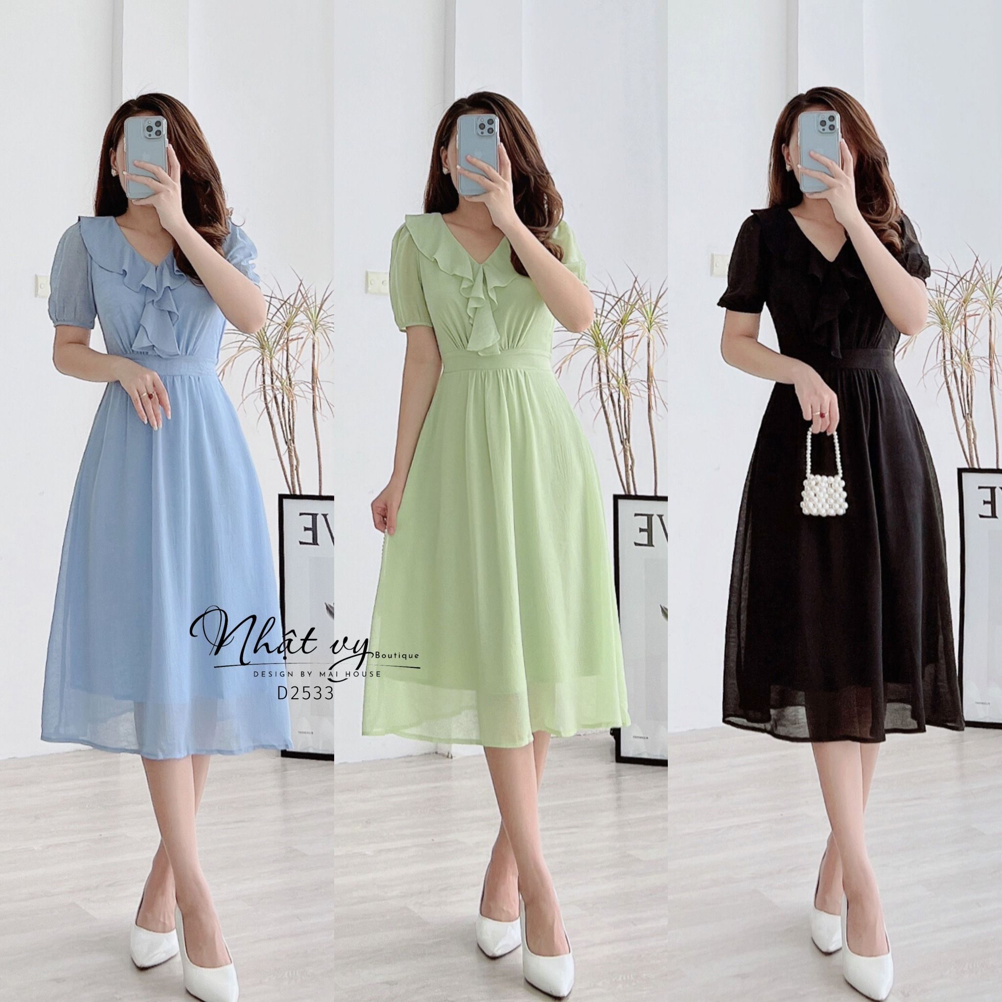 Đầm cổ tim phối bèo form dáng xoè - D2533