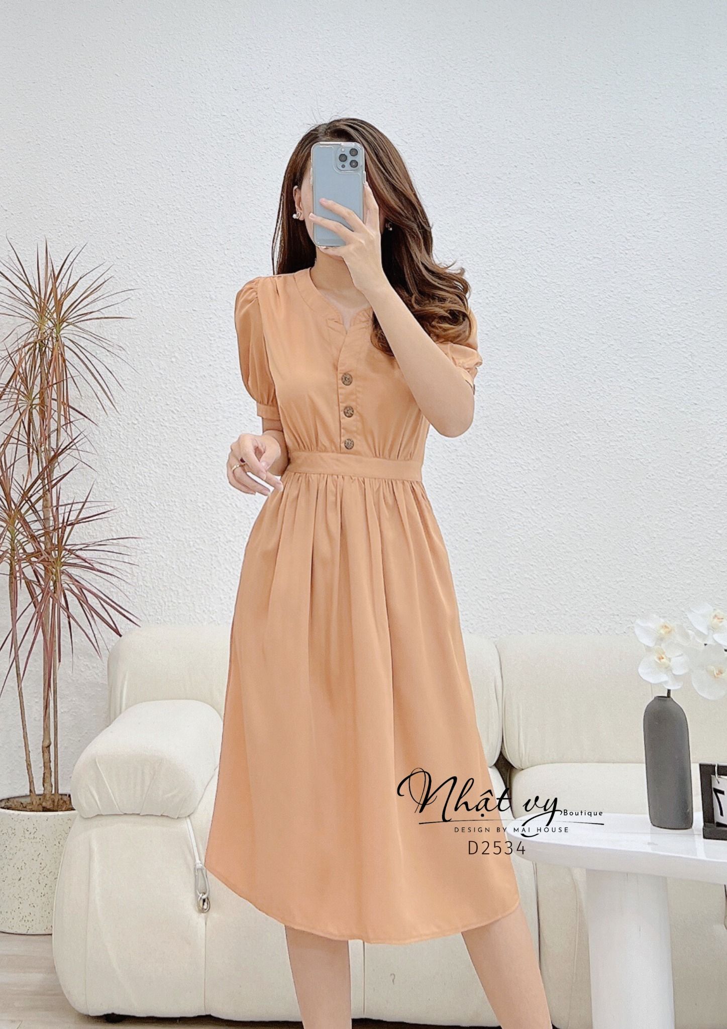Đầm cổ tim cách điệu cài cúc thật - D2534
